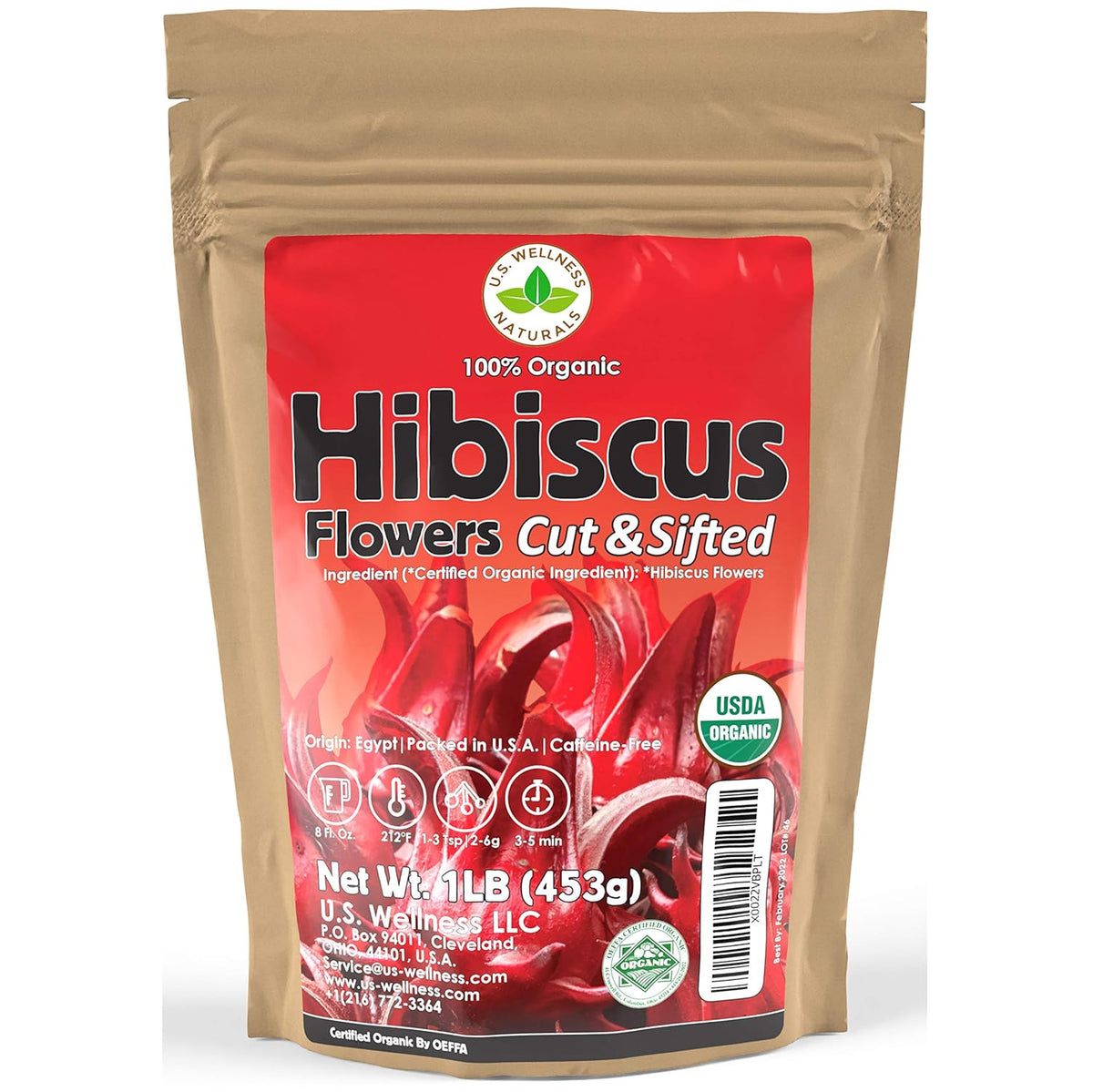 100% Certified Organic Hibiscus Flowers Herbal Tea, 1LB, Caffeine Free, Bulk Resealable Bag
