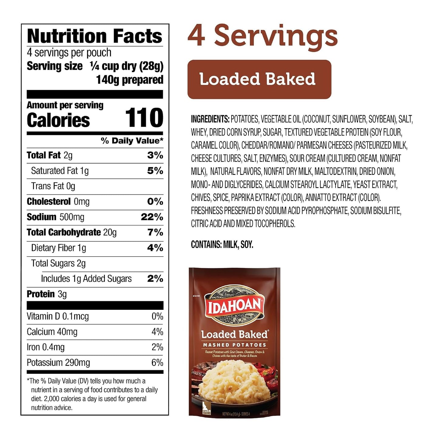 Idahoan Loaded Baked Mashed Potatoes Naturally Gluten-Free 4 Servings Per Bag Pack Of 12