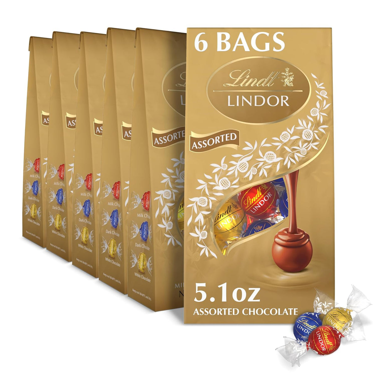 Lindt LINDOR Assorted Chocolate Candy Truffles, Chocolate with Smooth, Melting Truffle Center, 15.2 oz. Bag