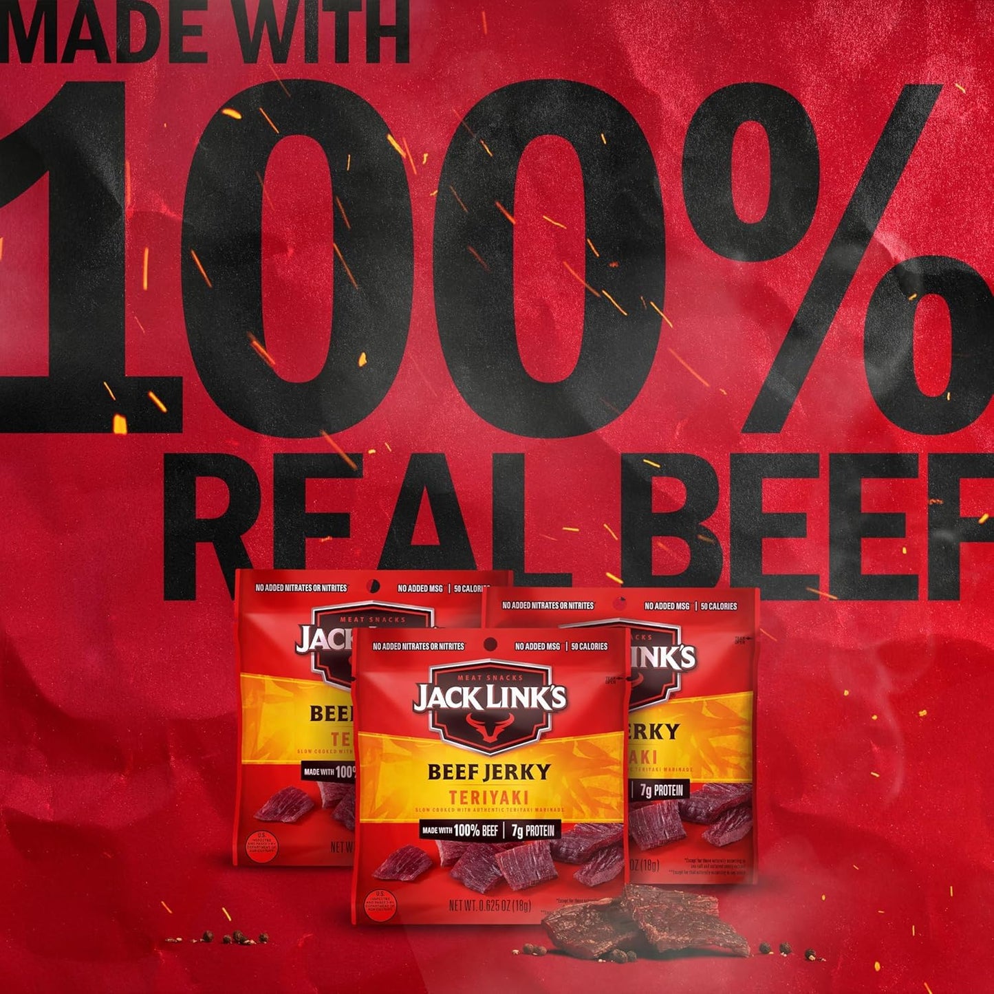 Jack Link's Teriyaki Beef Jerky Multipack, 20 packs, 0.625 oz bags, 7g protein per serving