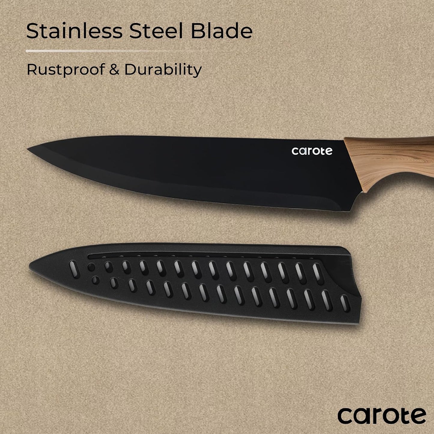 CAROTE 12-Piece Knife Set, Knives with Wood-Grain Finish Handles, Black | 6 Blade Guards, Stainless Steel Blade, Ceramic Nonstick Coating, Long-Lasting Sharpness, Rust-Resistant, Kitchen, Camping, RV