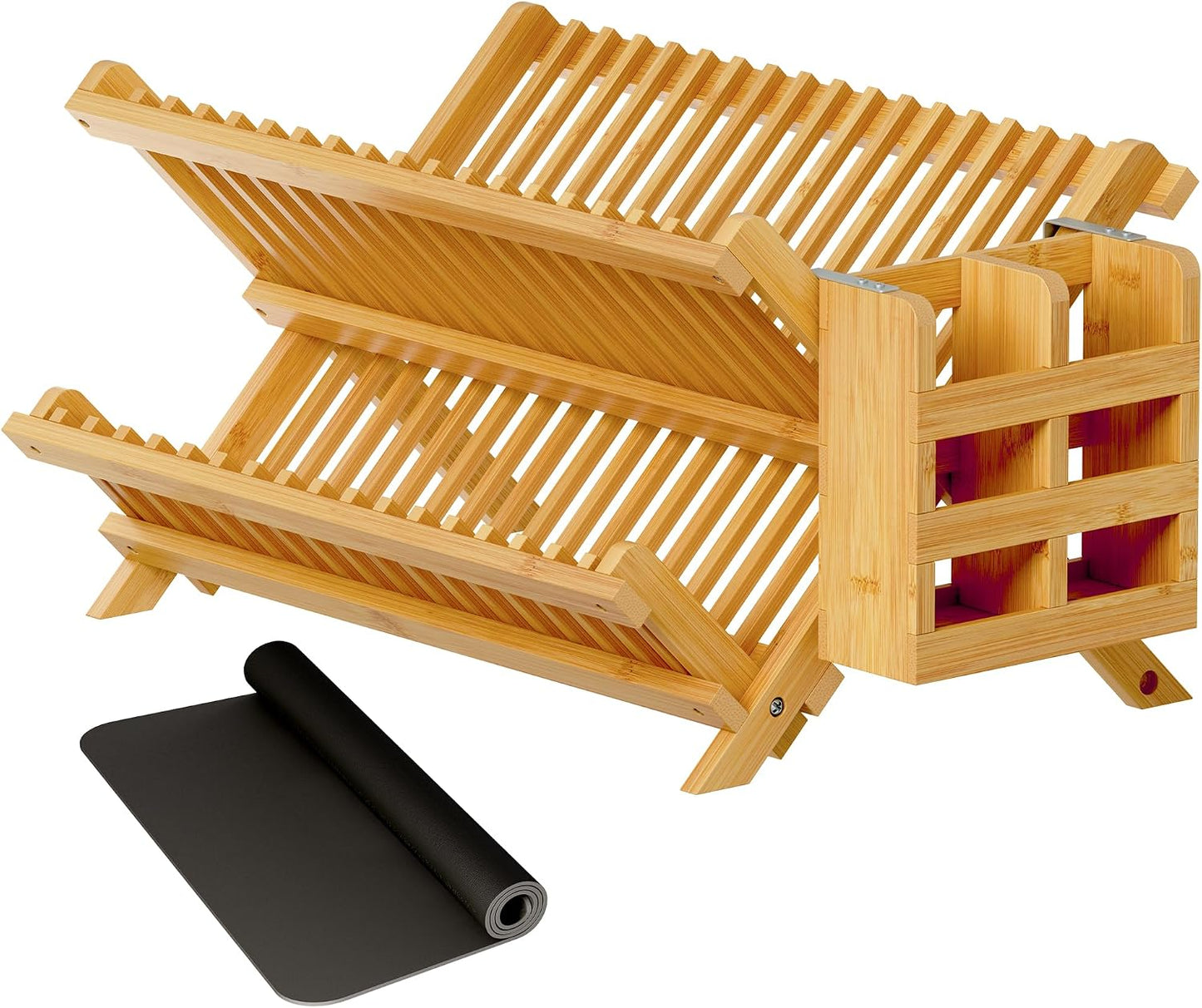 Greenual Bamboo Dish Drying Rack with Utensil Holder, 3 Tier Collapsible Dish Rack, Wooden Dish Racks for Kitchen Counter, Large Folding Drying Holder with Absorbent Dish Drying Mat