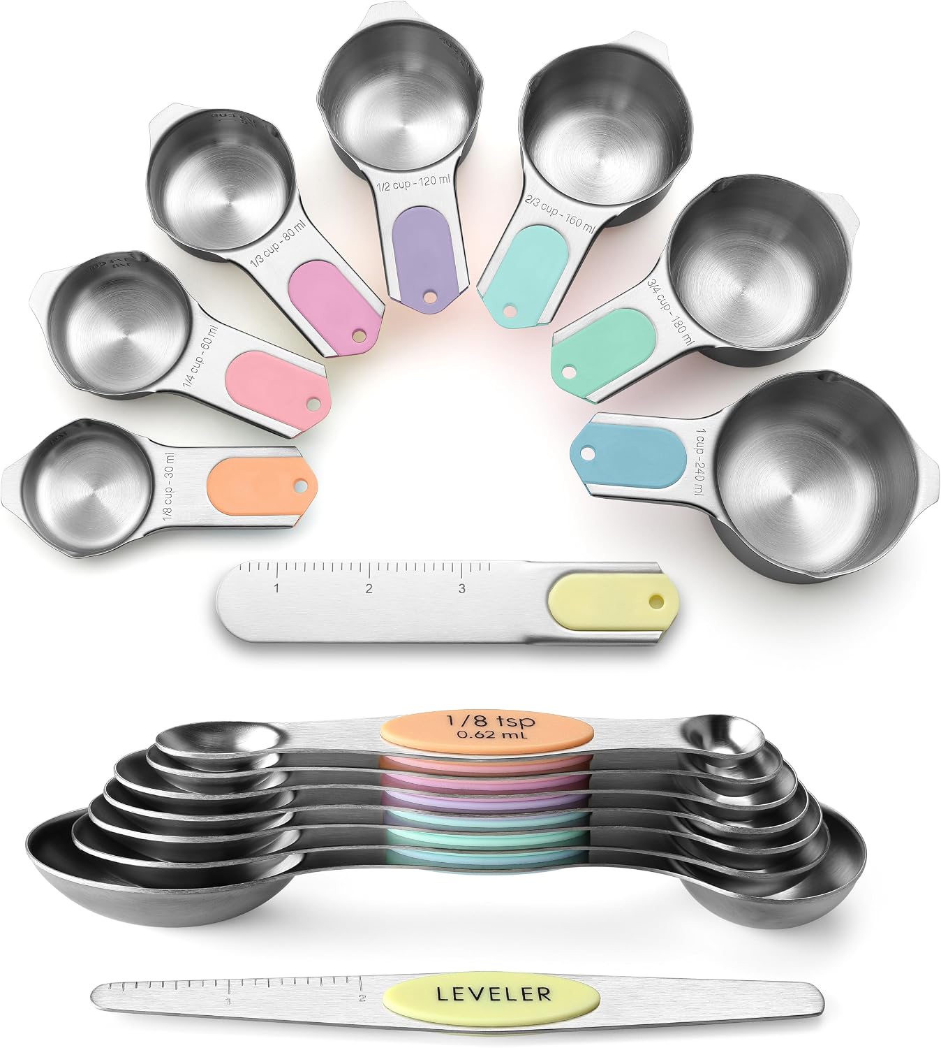 Spring Chef Magnetic Measuring Cups & Spoons Set of 15, Patented, Black | Stackable Stainless Steel Measuring Cups & Heavy Duty Metal Measuring Spoons with Levelers for Dry & Liquid Ingredients
