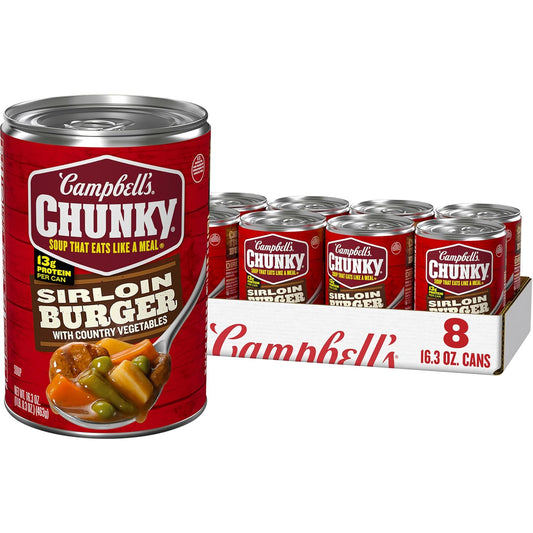 Campbell's Chunky Sirloin Burger with Country Vegetable Beef Soup, 16.3 oz Cans (Pack of 8)