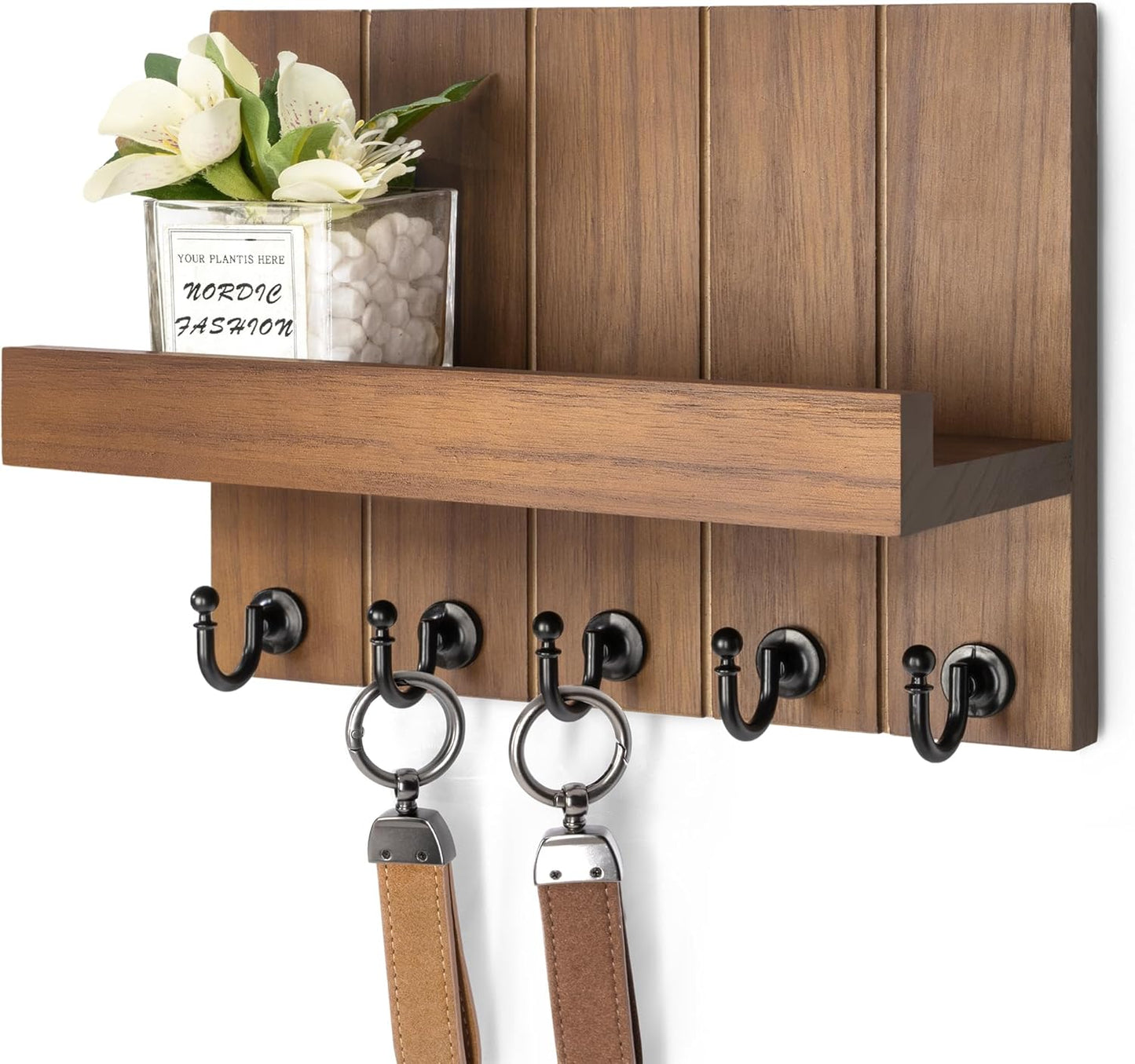 Rebee Vision Decorative Key Holder Wall Mount - Rustic Key Holder for Wall with Shelf and Mail Organizer for Living Room Decor - Home Essentials for Home Improvement (Brown, 3.54" x 10" x 7.28")