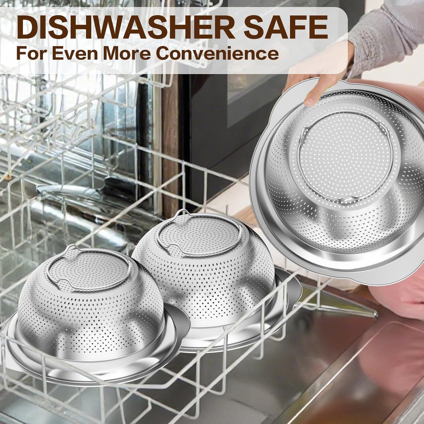Stainless Steel Colander for Kitchen, Stainless Steel Strainer, Pasta Strainer for Spaghetti Fruit Cooking Food, 3 Pcs Strainers and Colanders(2QT, 3QT, 5QT), Dishwasher Safe, Kitchen Present