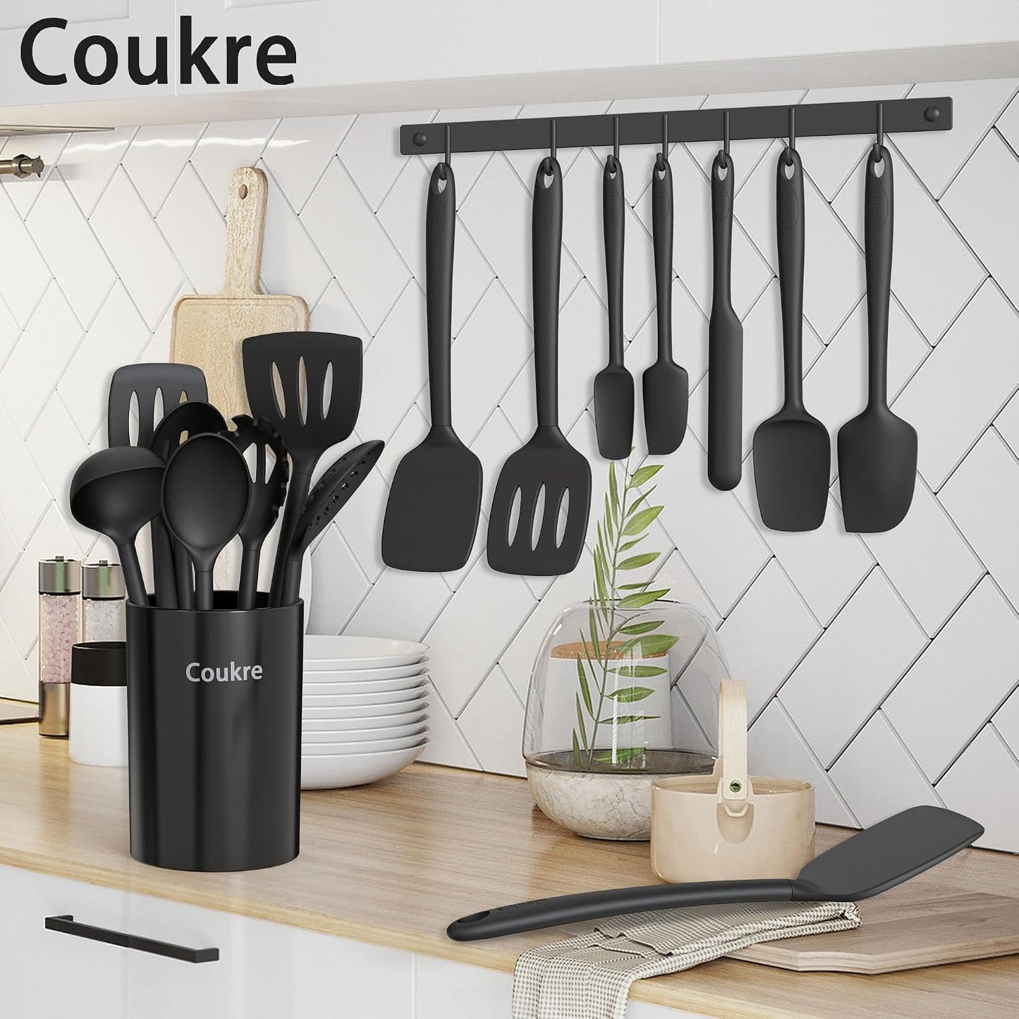 Coukre Silicone Kitchen Cooking Utensils Set, Heat Resistant, 14-Piece | Dishwasher-Safe, Food-Grade Silicone, BPA-Free, Spatulas, Spoons & Turner, Safe for Nonstick Cookware, Pure Black