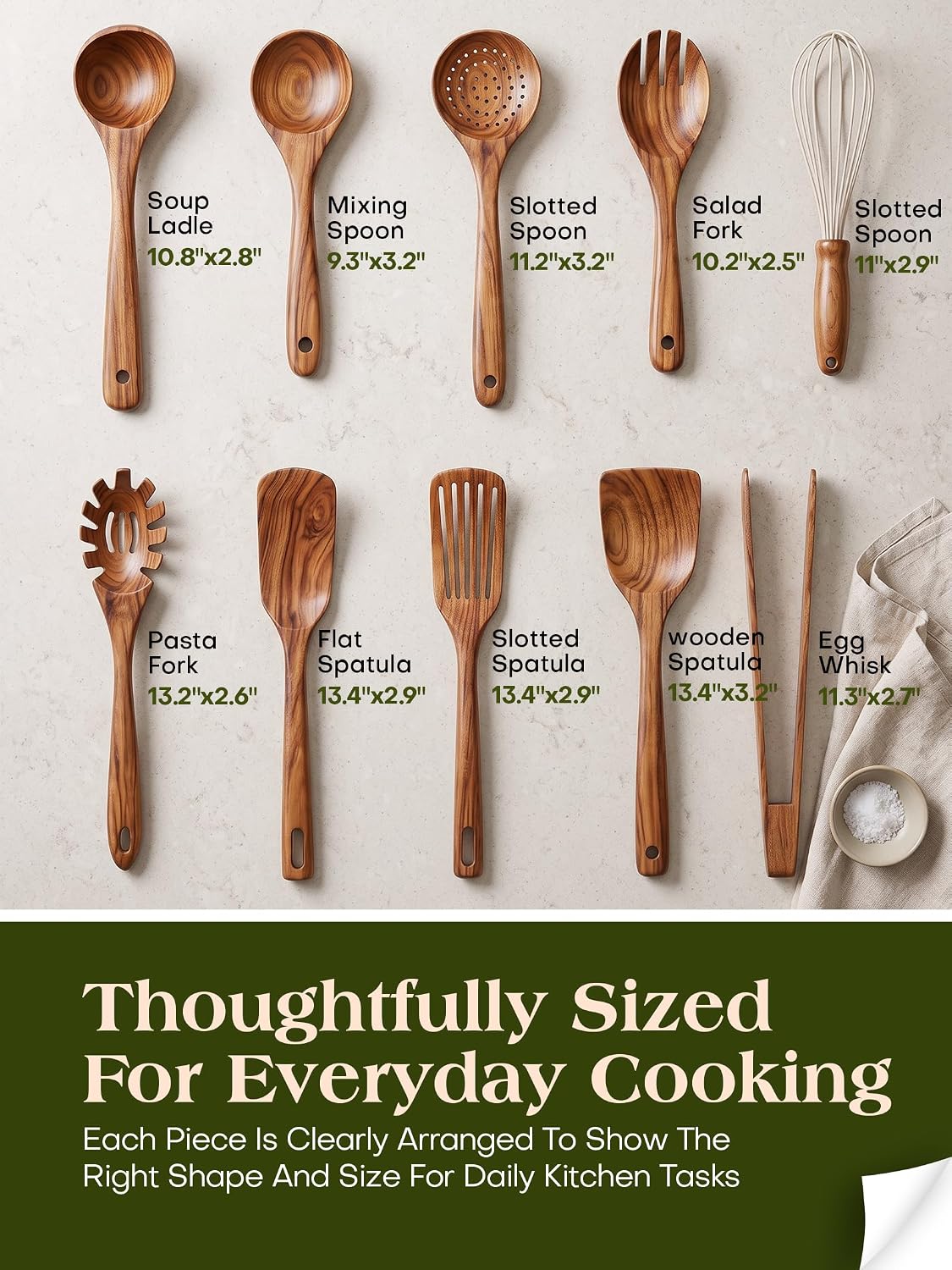 10 Pack Wooden Utensils for Cooking, Wood Utensil Set for Kitchen, Teak Wooden Spoon for Cooking, Non-Stick Spatula Ladle