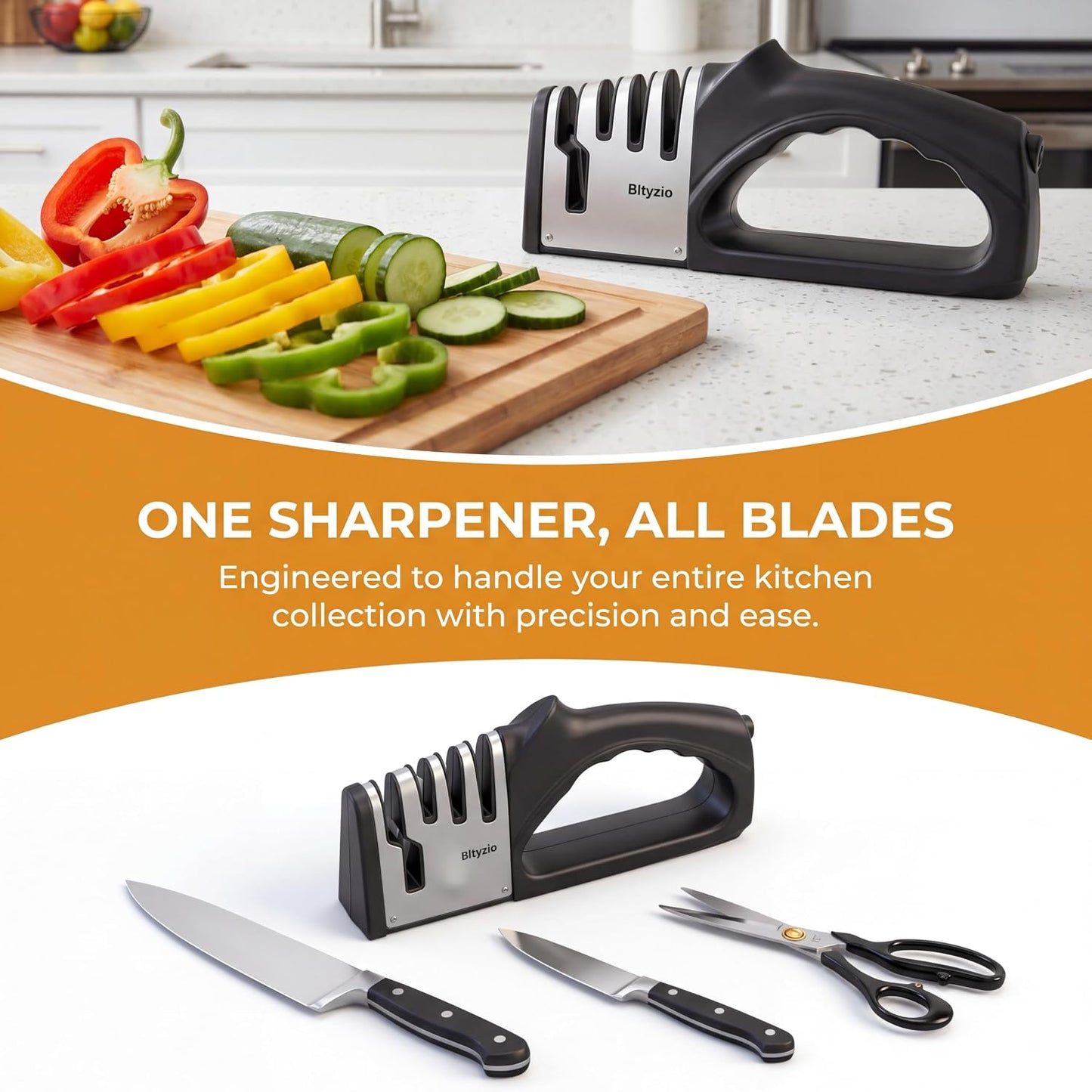 4-In-1 Manual Knife Sharpener for Kitchen Knives & Scissors, Professional Pull-Through Knife Sharpener with Tungsten Steel & Ceramic Slots, Non-Slip Base, Easy to Use for Chef Knives & Kitchen Knives
