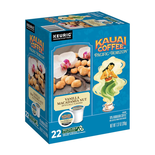 Kauai Coffee K-Cup Pods for Keurig Brewers – Arabica Coffee, 10% Hawaiian – Medium Roast, Vanilla Beans with Toasted Macabamia Nuts – Vanilla Macadamia Nut, 1 Pack of 22 Single Serve K-Cups