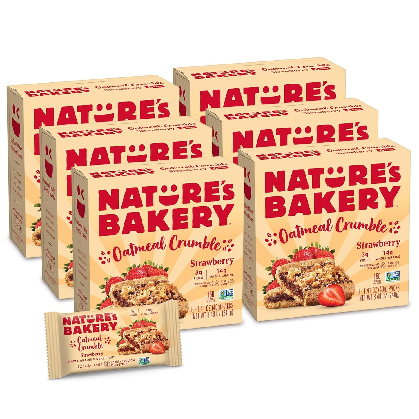 Nature's Bakery Oatmeal Crumble Bars, Strawberry, Real Fruit, Vegan, Non-GMO, 6 Boxes With 6 Packs, 36 Count