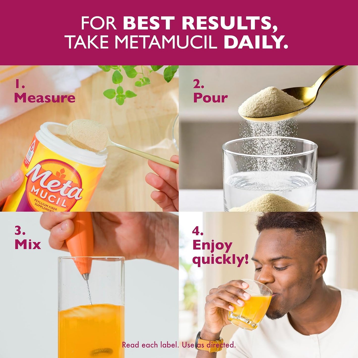 Metamucil 4-in-1 Psyllium Husk GLP-1 Friendly Fiber Supplement, Sugar-Free, 180 teaspoons, Orange Flavored, Daily Fiber Powder for Digestive Health, made with Plant-Based Psyllium Husk Fiber