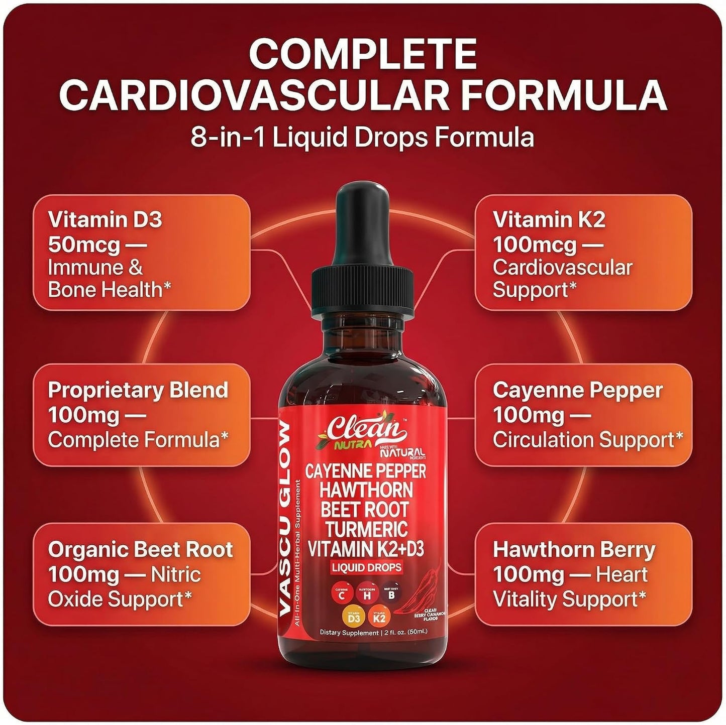 Clean Nutra Cayenne Pepper Drops Supplement Liquid + Hawthorn Berry, Vitamin D3 K2 Beet Root Powder, Ceylon Cinnamon, Turmeric Curcumin, Organic Panax Ginseng, Berberine Extract 1 Pack