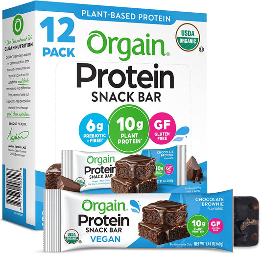 Orgain Organic Vegan Protein Bars, Chocolate Brownie, 10g Plant Based Protein, 12 Count