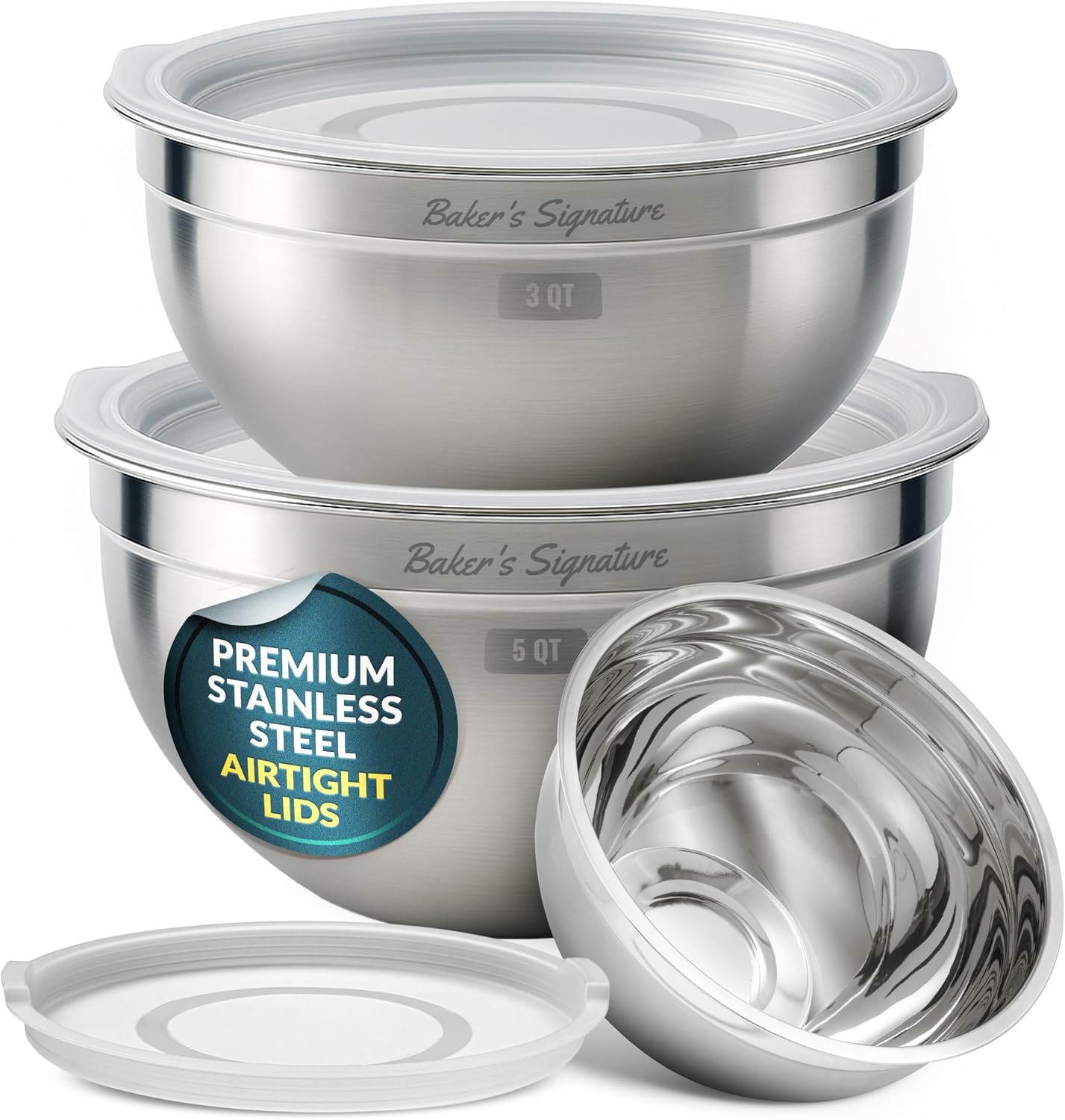 Baker's Signature Stainless Steel Mixing Bowls With Lid | Metal Bowl Set Of 5, Nesting Set For Food Prep, Baking,Storage, Cooking, Serving | Dishwasher Safe, 0.5/1.5/3/4/5 Qt