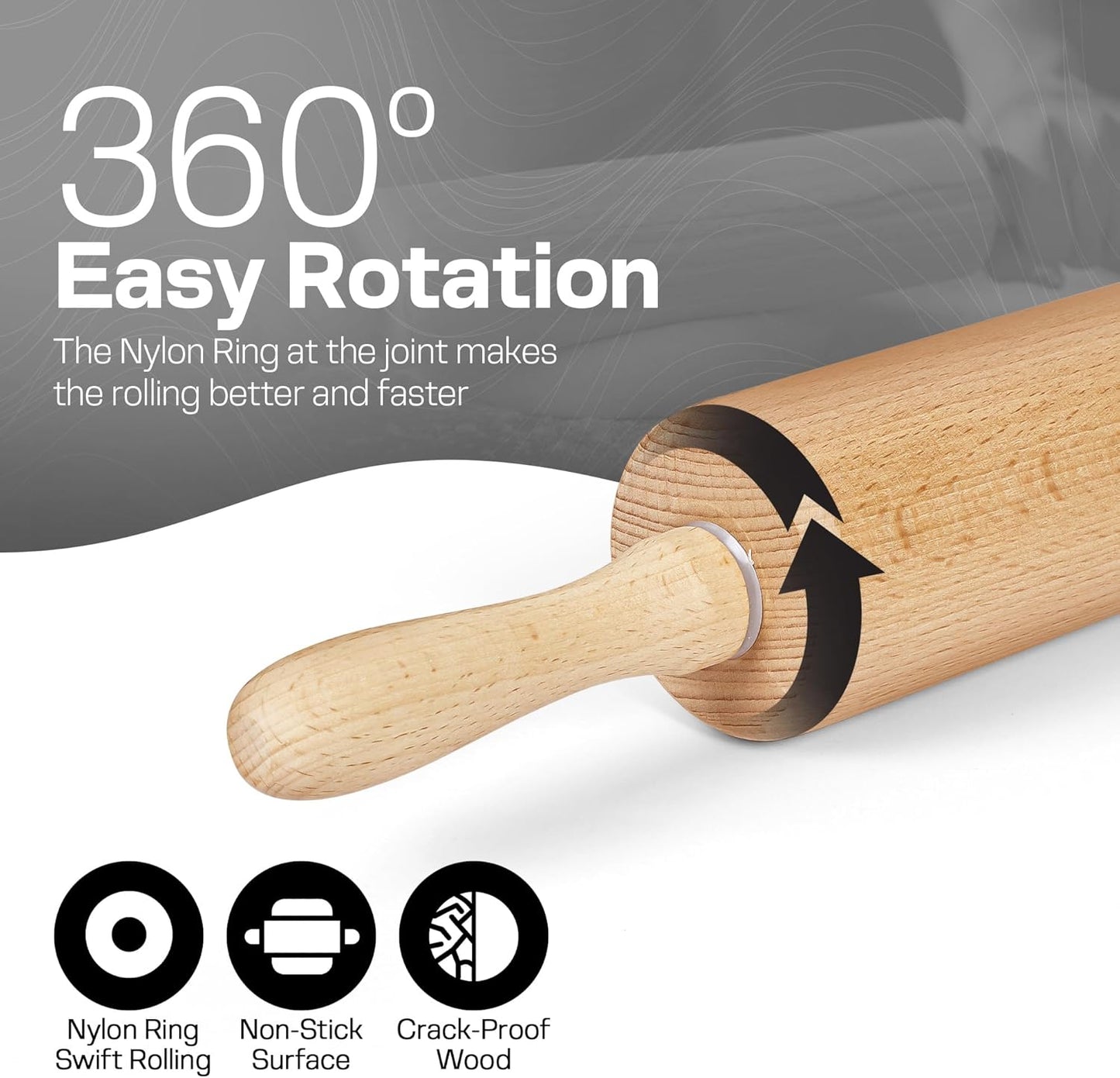 Wooden Rolling Pin, Beech Wood, 17.6" Dough Roller for Baking | Ergonomic Handles, Nylon Bearings, Baking Pizza, Bread & Cookies, Pasta, Dough Roller