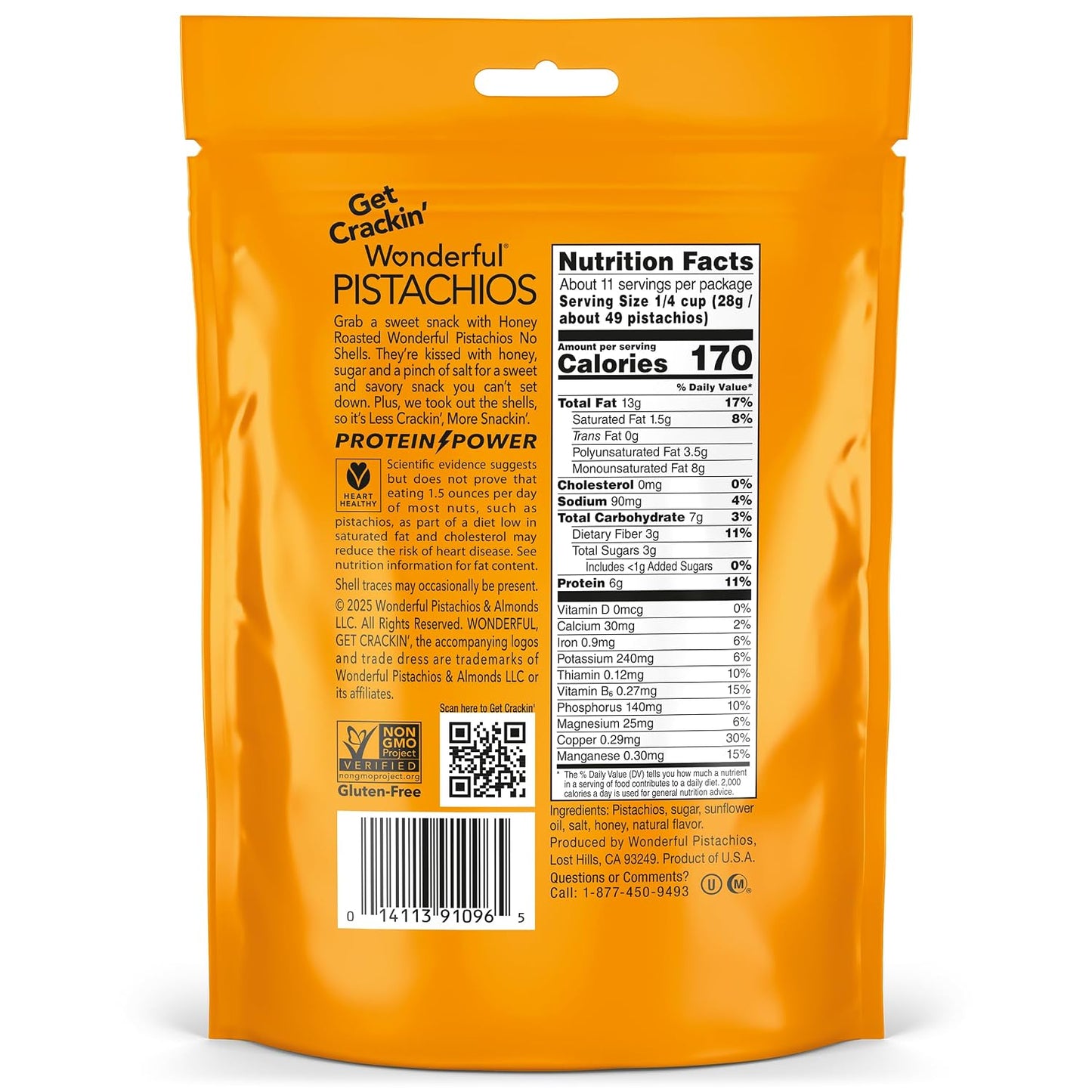 Honey Roasted Pistachios No Shells, 11 Ounce Resealable Bag, Gluten Free
