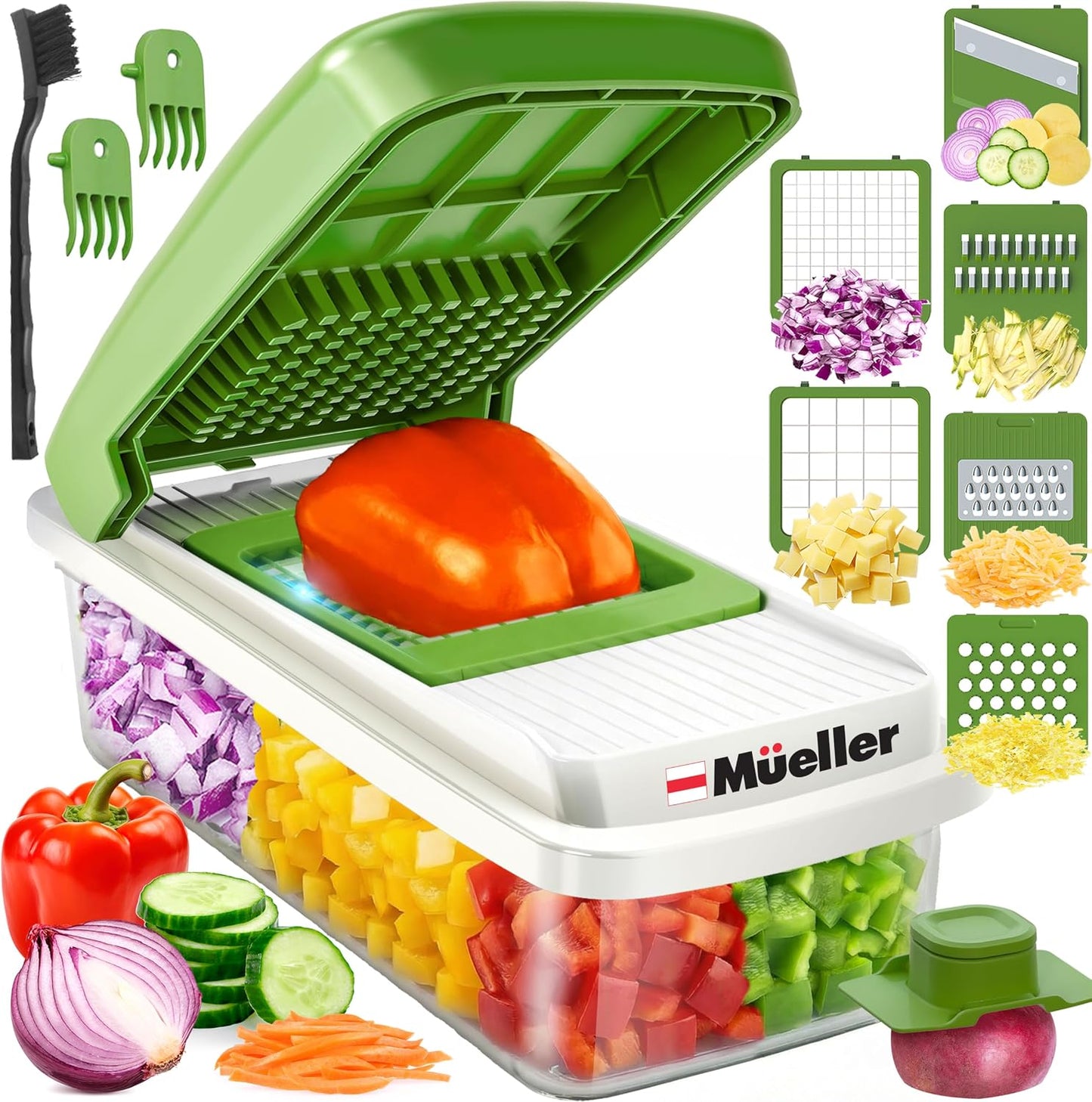 Mueller Vegetable Chopper Mandoline Slicer, Food Veggie Chopper | Cheese Grater, Onion Vegetable Cutter with Container, Dicer, Kitchen Gadgets & Essentials, White Sand/Grey