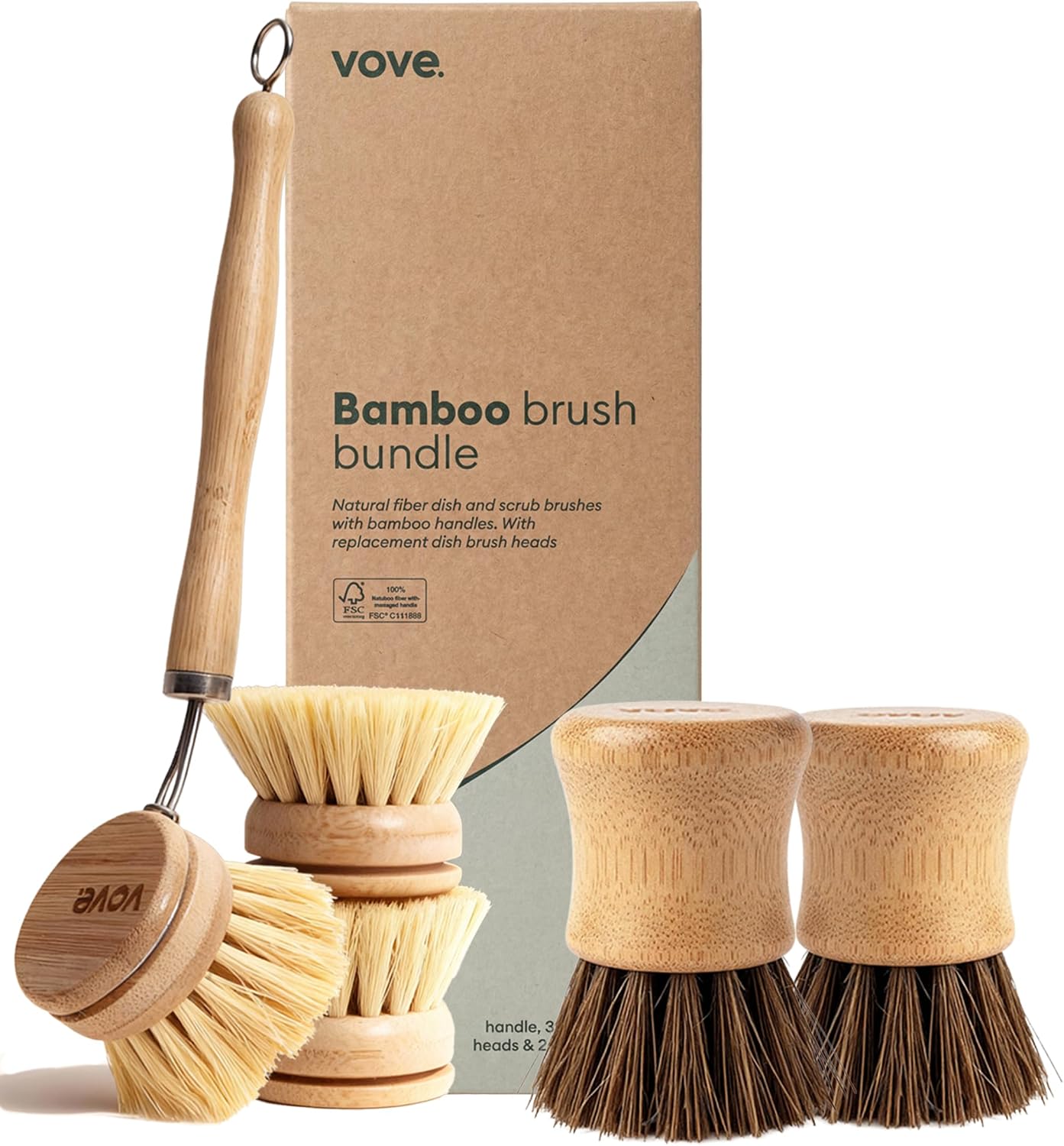Vove Bamboo Dish Brush with 3 Replacement Heads, Plastic-Free Kitchen Scrub Brush for Pots Pans and Dishes, FSC-Certified Bamboo Handle with Natural Fiber Bristles, Non-Toxic Zero-Waste