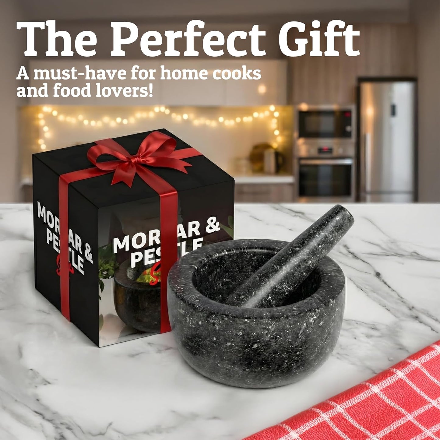 Priority Chef Heavy Duty Large 1.5 Cup Mortar and Pestle Set, 100% Natural Granite, 5.5 Inch Diameter Bowl, 6.2 Inch Pestle, Non-Slip Base, Stone Grinder for Guacamole Salsa Pesto Herbs Spices, Black
