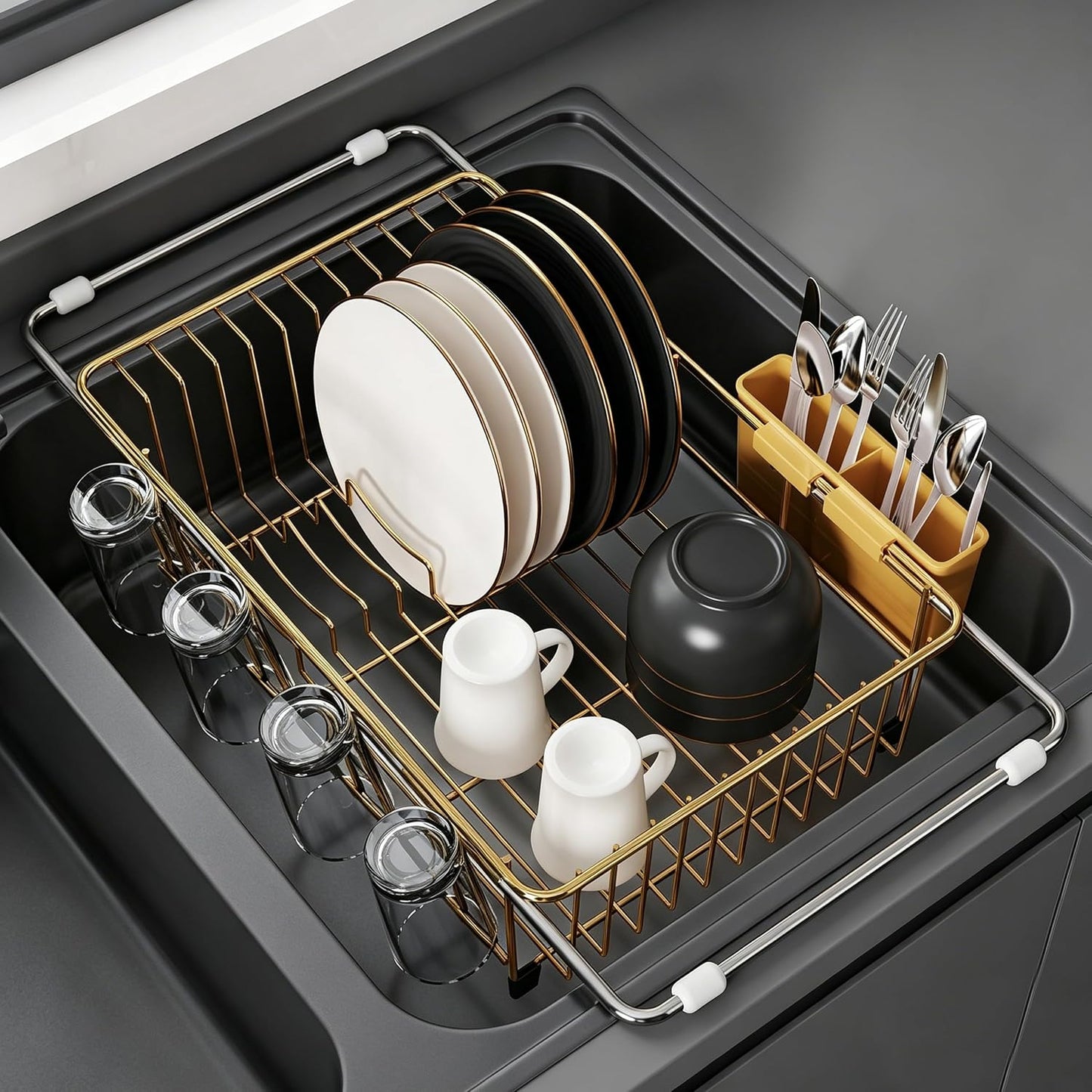 JASIWAY Dish Drying Rack in Sink, Dish Drainer with Cup and Utensil Holder | Over The Sink Expandable Stainless Steel Strainer Dryer Rack for Small Kitchen, Counter Space Saving, Fast Drain, Rustproof