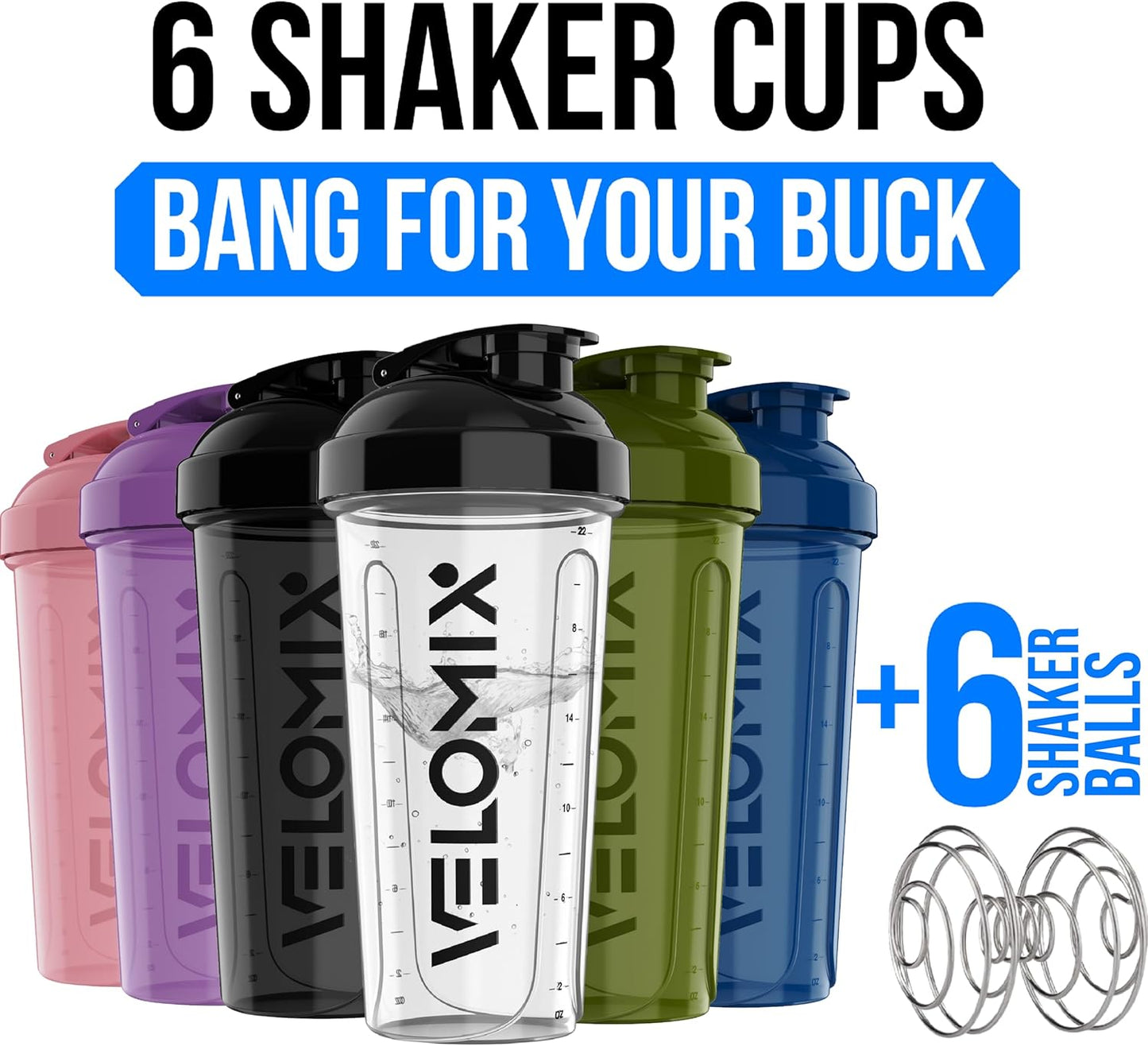 VELOMIX 28oz Protein Shaker Bottle 6-Pack - Leak-Proof, Smooth Mixes