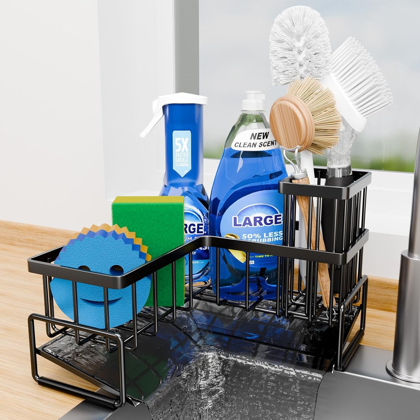 Fikoksol Large Sponge Holder for Kitchen Sink, 90-Degree Sink Caddy Storage | Self Draining Sponge Rack for Countertop, Metal L-Shaped Dish Soap Organizer with Brush Holder, Corner Sink Storage Ideas