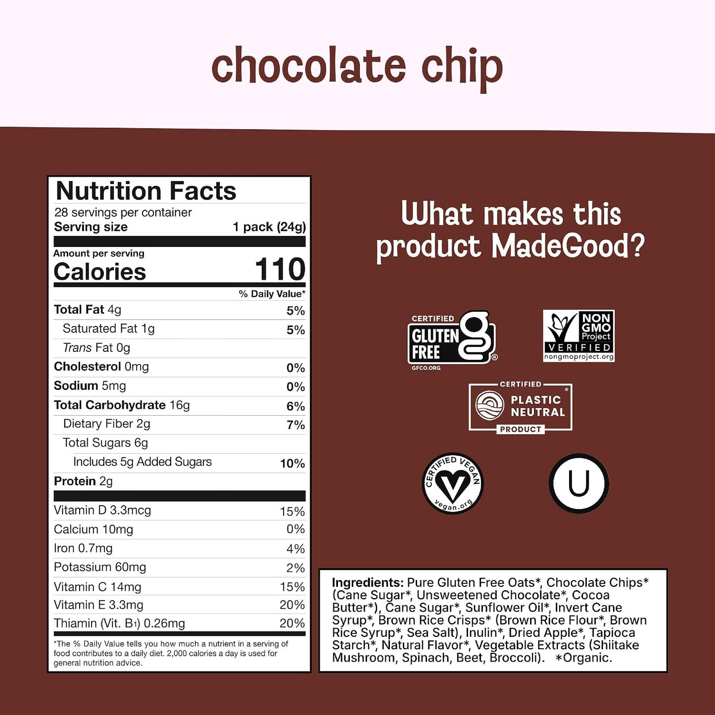 Organic and Gluten-Free Chocolate Chip Granola Bites, 28 Count, Individually Wrapped Snacks