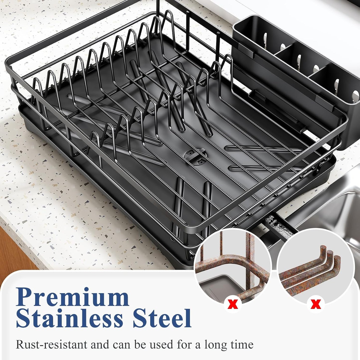 SNTD Dish Drying Rack for Kitchen Counter, 11.8" W x 16.7" L, Black | Rustproof Stainless Steel, Large Capacity, Angled Drainboard for Quick Drainage, Rotating Spout, Removable Utensil Holder