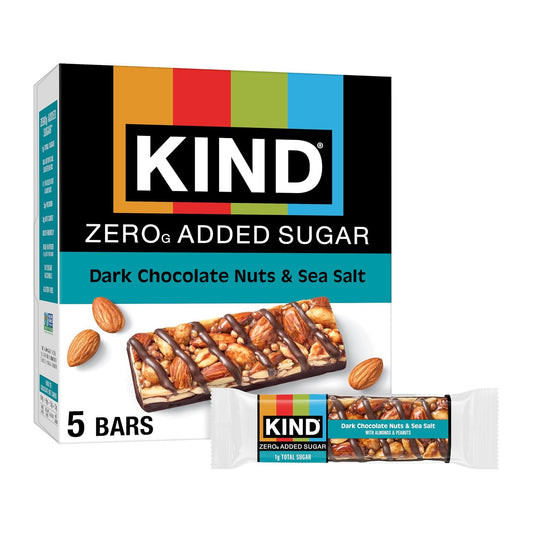 Kind Zero Added Sugar Snacks Bars, Dark Chocolate Nuts & Sea Salt, Gluten Free, High Fiber, Keto Snacks, 5g Protein, 5 Count