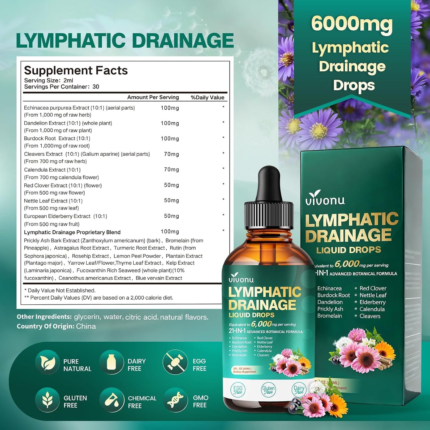 21-in-1 Lymphatic Drainage Drops for Immune System Support with Echinacea and Turmeric 2 FL OZ