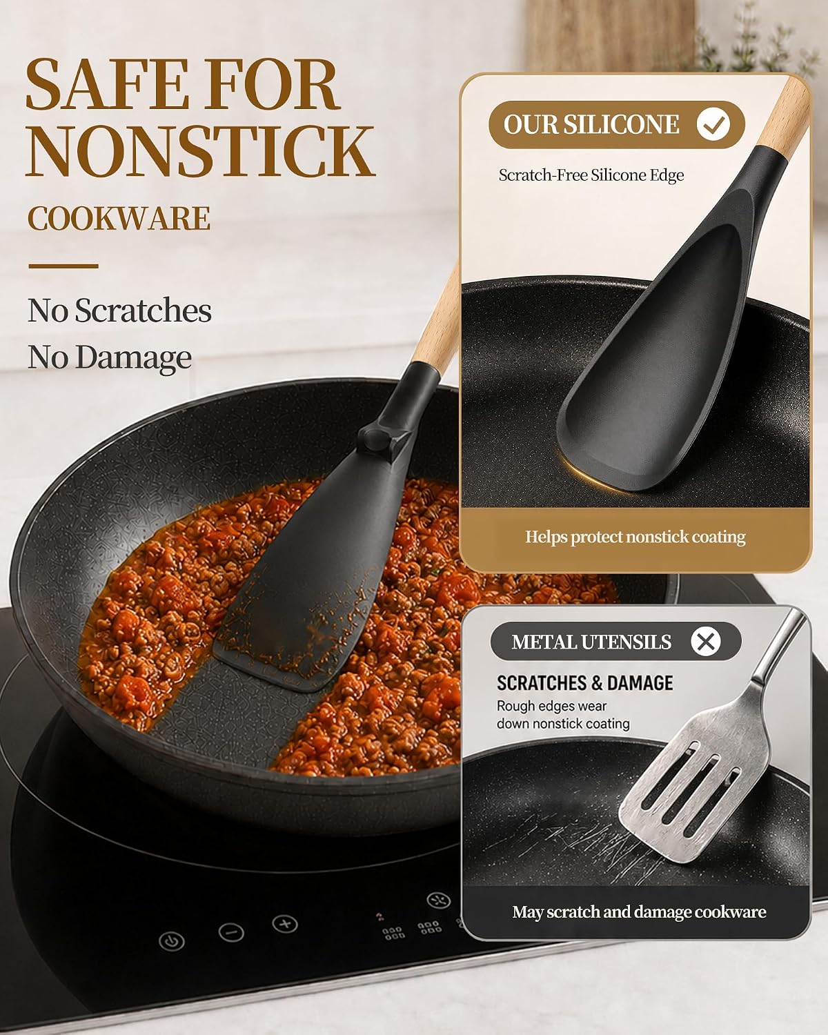 Astercook Cooking Spoon, Nonstick Safe Silicone Spatula with Long Wooden Handles, Heat Resistant, BPA-Free, Built-in Spoon Rest, 2 Pack Spatula Spoon for Stirring, Scooping, Scraping and Serving