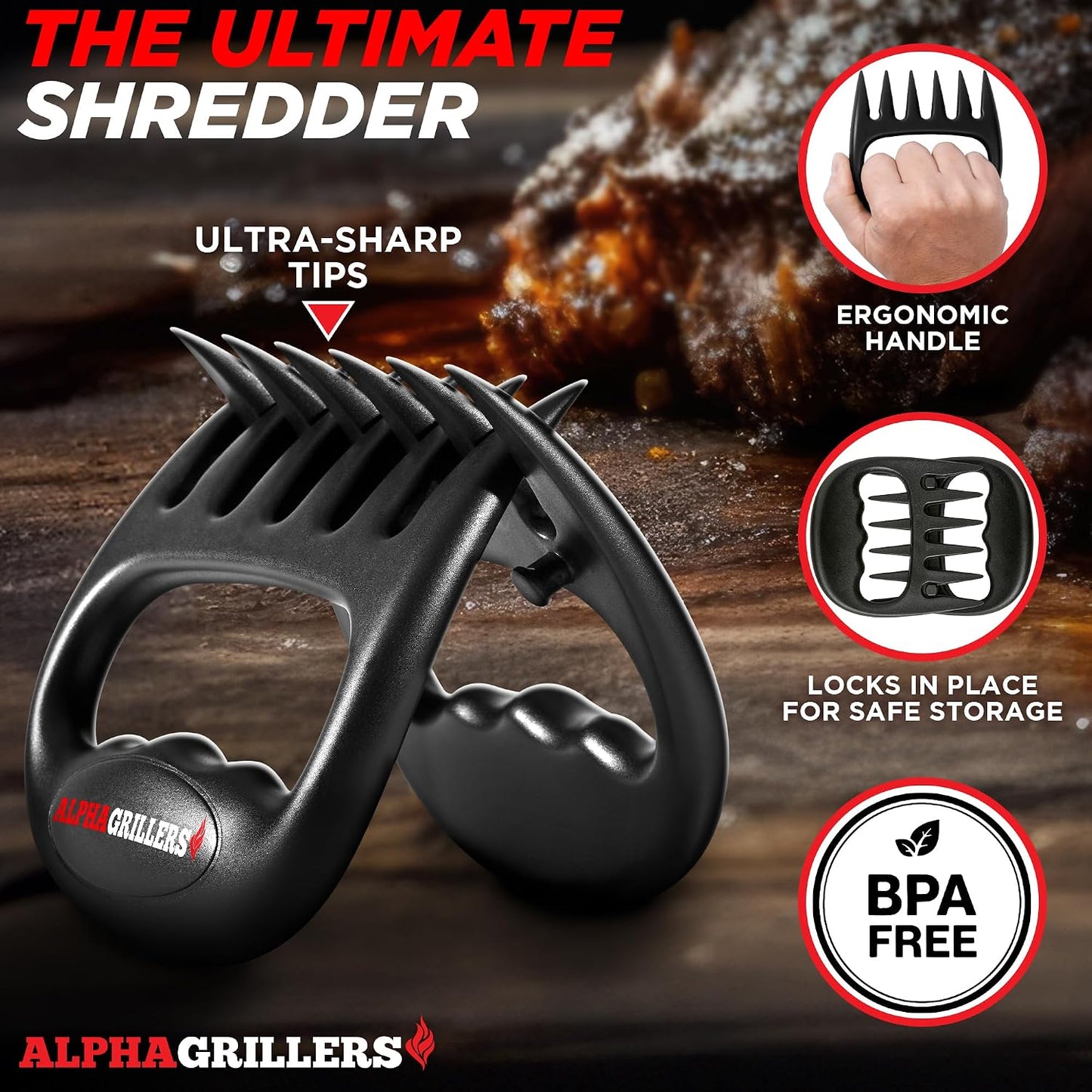 Alpha Grillers Meat Shredder Claws BBQ Pulled Pork Bear Claws for Shredding | Smoker & Grilling Accessories, Chicken Shredder Tool, Pork Pulling Gift for Men