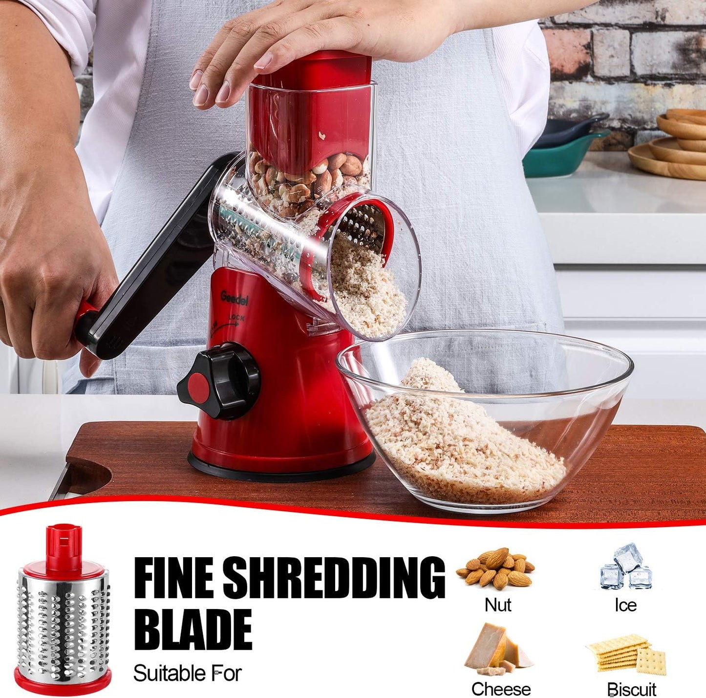 Geedel Rotary Cheese Grater Hand Crank, Cheese Shredder Vegetable Slicer | 3 Blades, 430 Stainless Steel, 12x Fast Cutting, Strong Suction Base, No BPA, Dishwasher Safe, for Cheese, Veggie, Nut