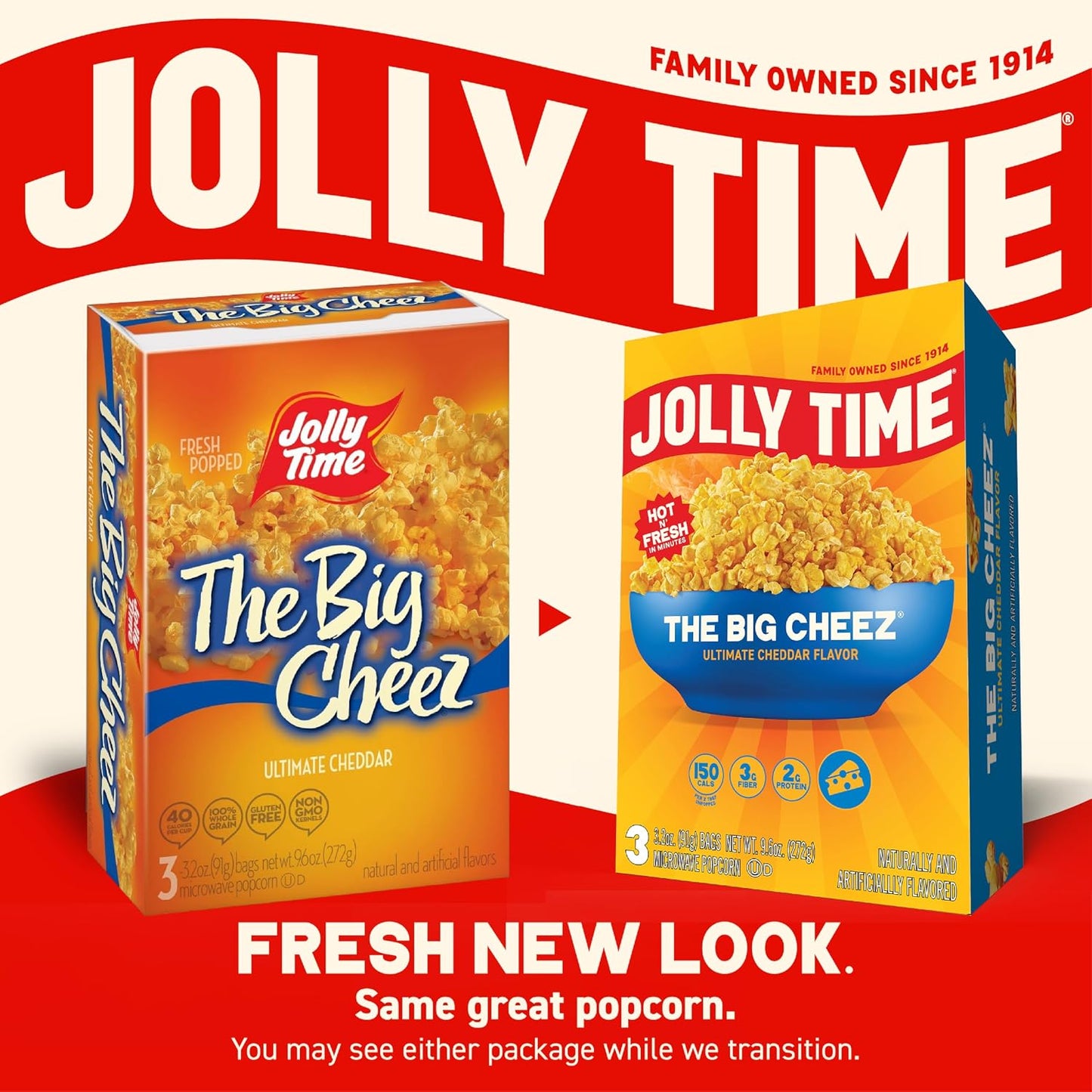 Jolly Time The Big Cheez Cheddar Cheese Microwave Popcorn 3.2oz Sharing Bag 3 Bags Per Carton