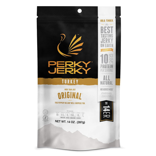 Perky Jerky Original Turkey Jerky, 14oz, Low Sodium, 10g Protein per Serving, Low Fat, 100% U.S. Sourced, Handcrafted, Tender Texture and Bold Flavor