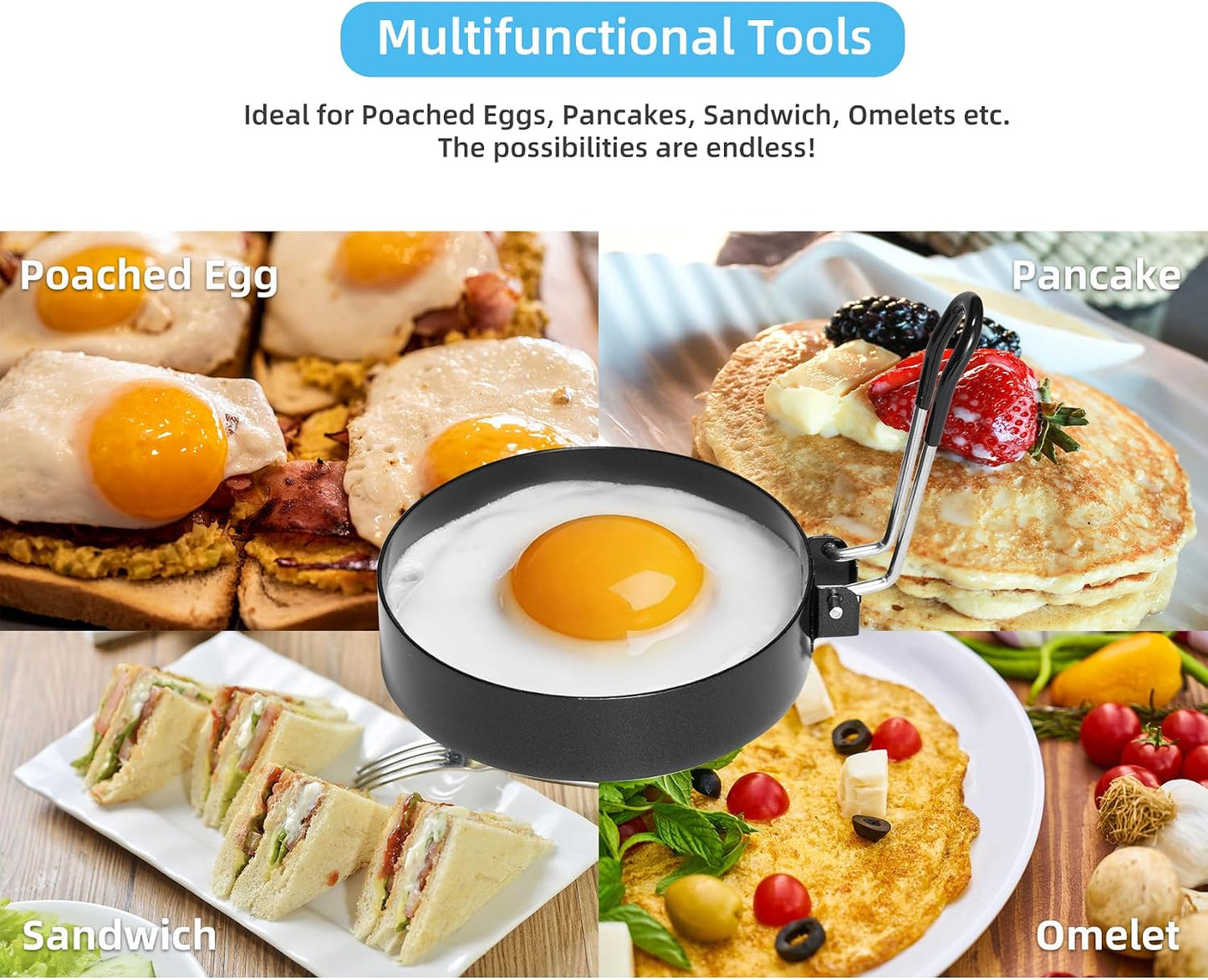 4 Pack 3.5 Inch Nonstick Stainless Steel Egg Rings for Frying Eggs | Round Griddle Cooking Molds with Oil Brush & Egg Separator for Pancake, Egg Sandwich and English Muffin Breakfast Making