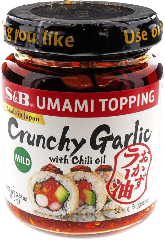 S&B Chili Oil with Crunchy Garlic, 3.88 Fl Oz Umami Topping from Japan