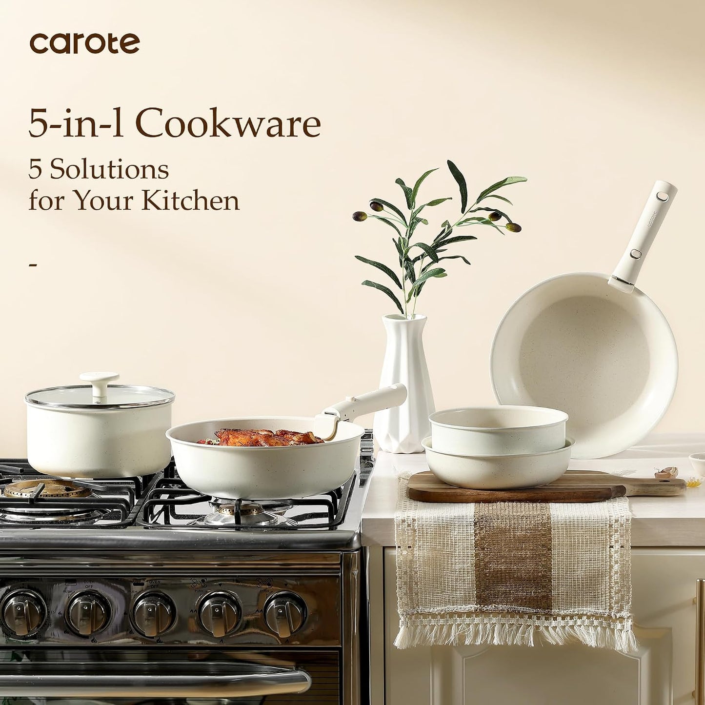 CAROTE 19pcs Pots and Pans Set Non Stick, Detachable Handle Cookware | Kitchen Cooking Sets, Space Saving, Dishwasher & Oven Safe, Non-Toxic, for Camping/RV/Traveling, Cream White