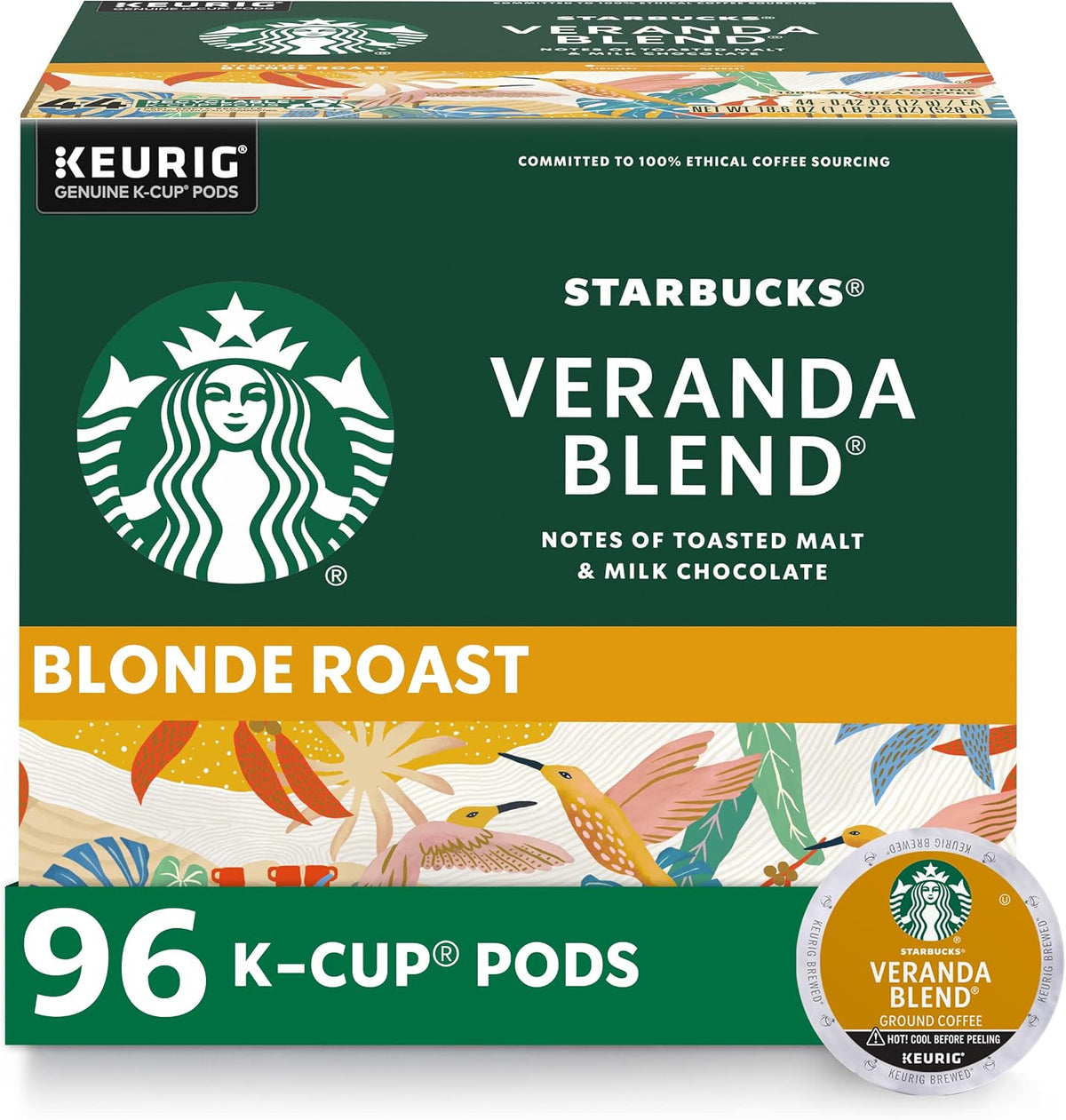 Starbucks K-Cup Coffee Pods, 96 Keurig Pods, Veranda Blend, Blonde Roast