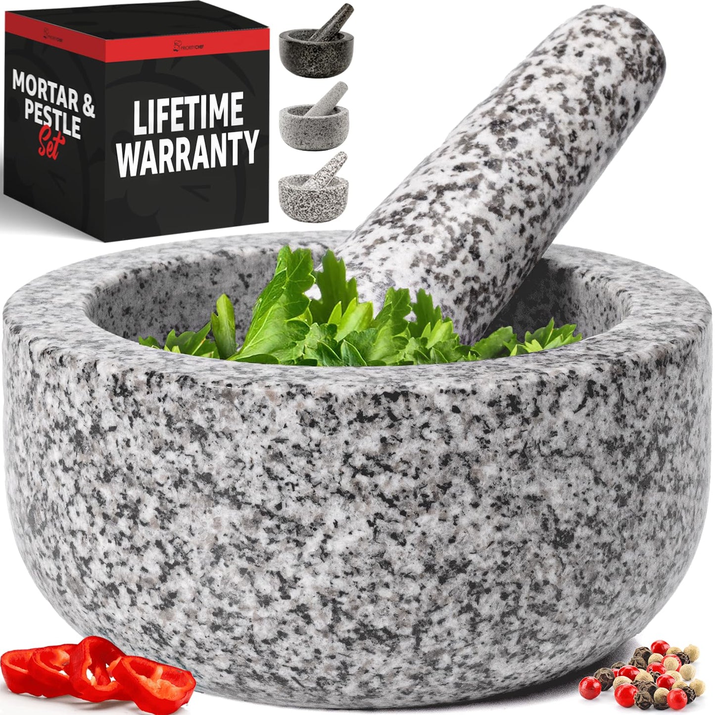 Priority Chef Heavy Duty Large 1.5 Cup Mortar and Pestle Set, 100% Natural Granite, 5.5 Inch Diameter Bowl, 6.2 Inch Pestle, Non-Slip Base, Stone Grinder for Guacamole Salsa Pesto Herbs Spices, Black