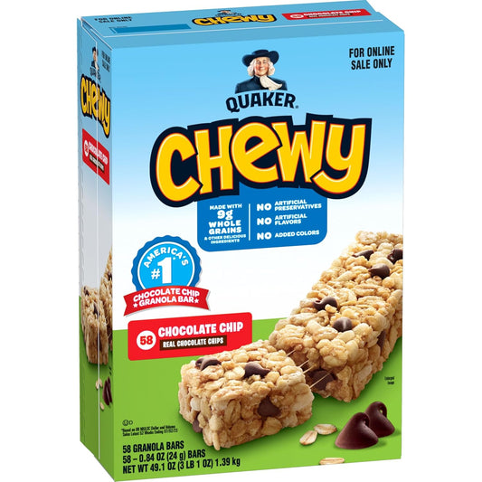 Quaker Chewy Granola Bars, Chocolate Chip, 58 Count, Individually Wrapped