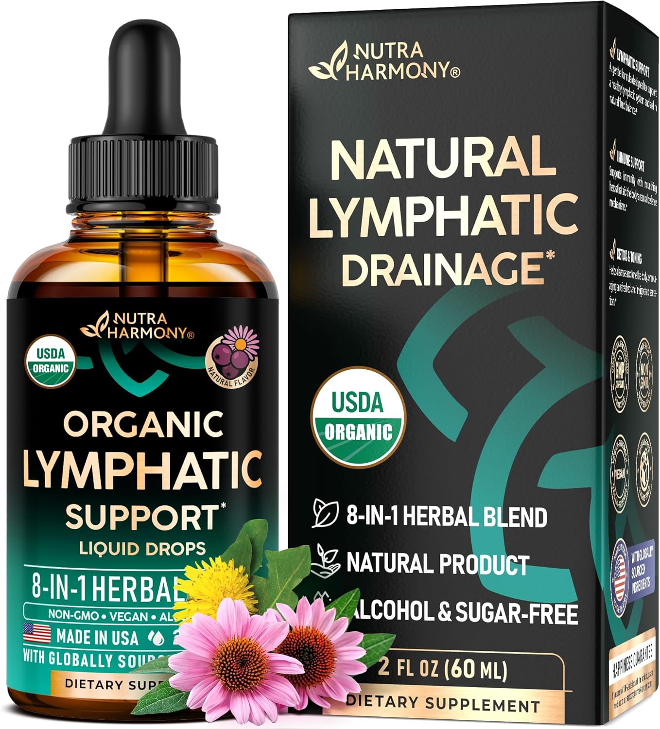 USDA Organic Lymphatic Drainage Supplement - Echinacea | Elderberry | Dandelion | Rosehip | Cleavers | Calendula | Burdock - Lab Tested - Lymph System Drops - Immune Support, Cleanse & Detox, 2 fl oz