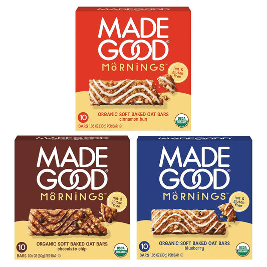 MadeGood Mornings Soft-Baked Oat Bars Variety Pack, 30 count, certified organic, gluten-free, vegan, kosher, non-GMO