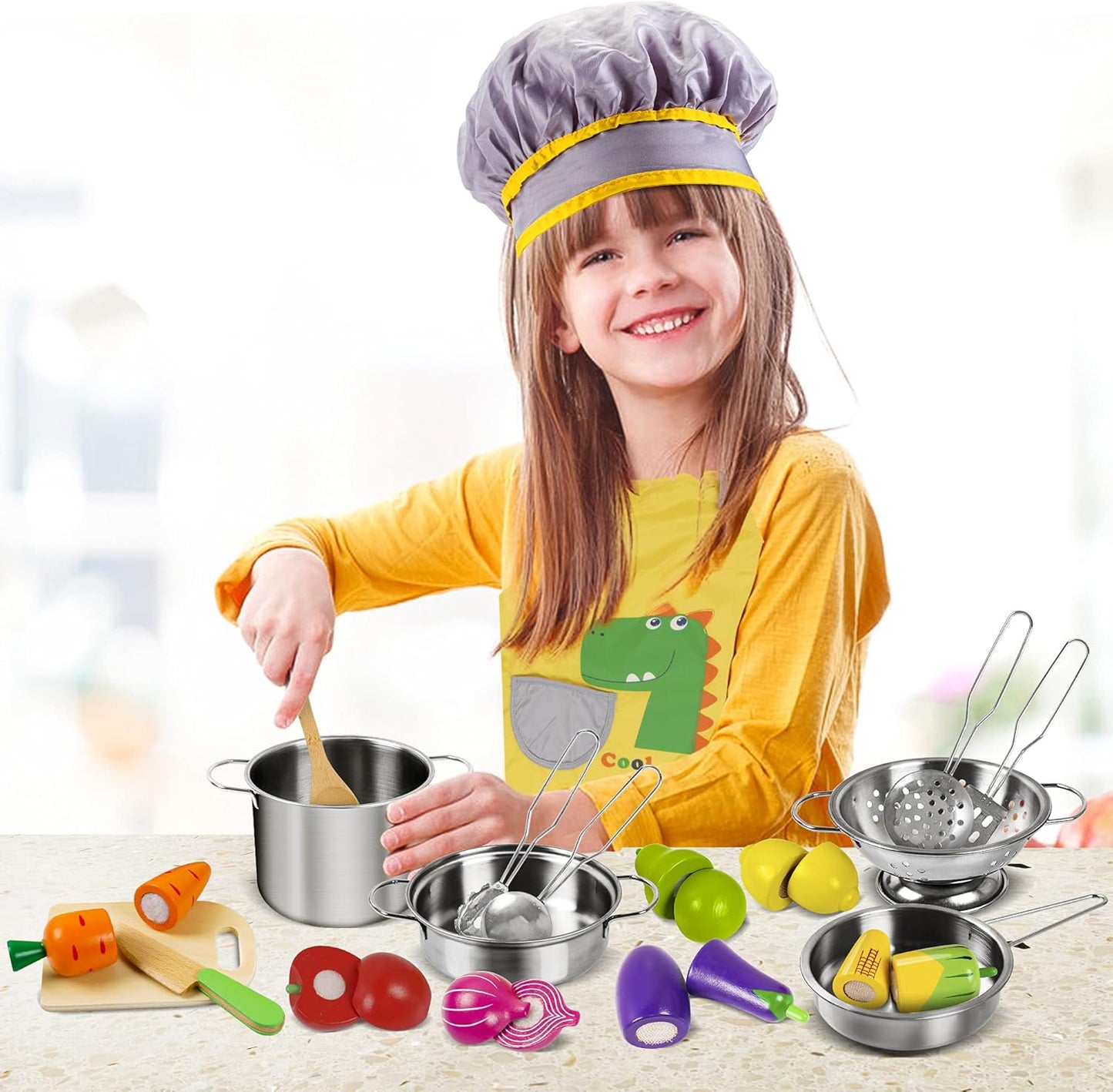 Sundaymot Play Kitchen Accessories, Wooden Play Food, Cooking Set with Stainless Steel Cookware Pots and Pans Utensils, Apron, Chef Hat, ​Cutting Food Kitchen Playset for Girls and Boys