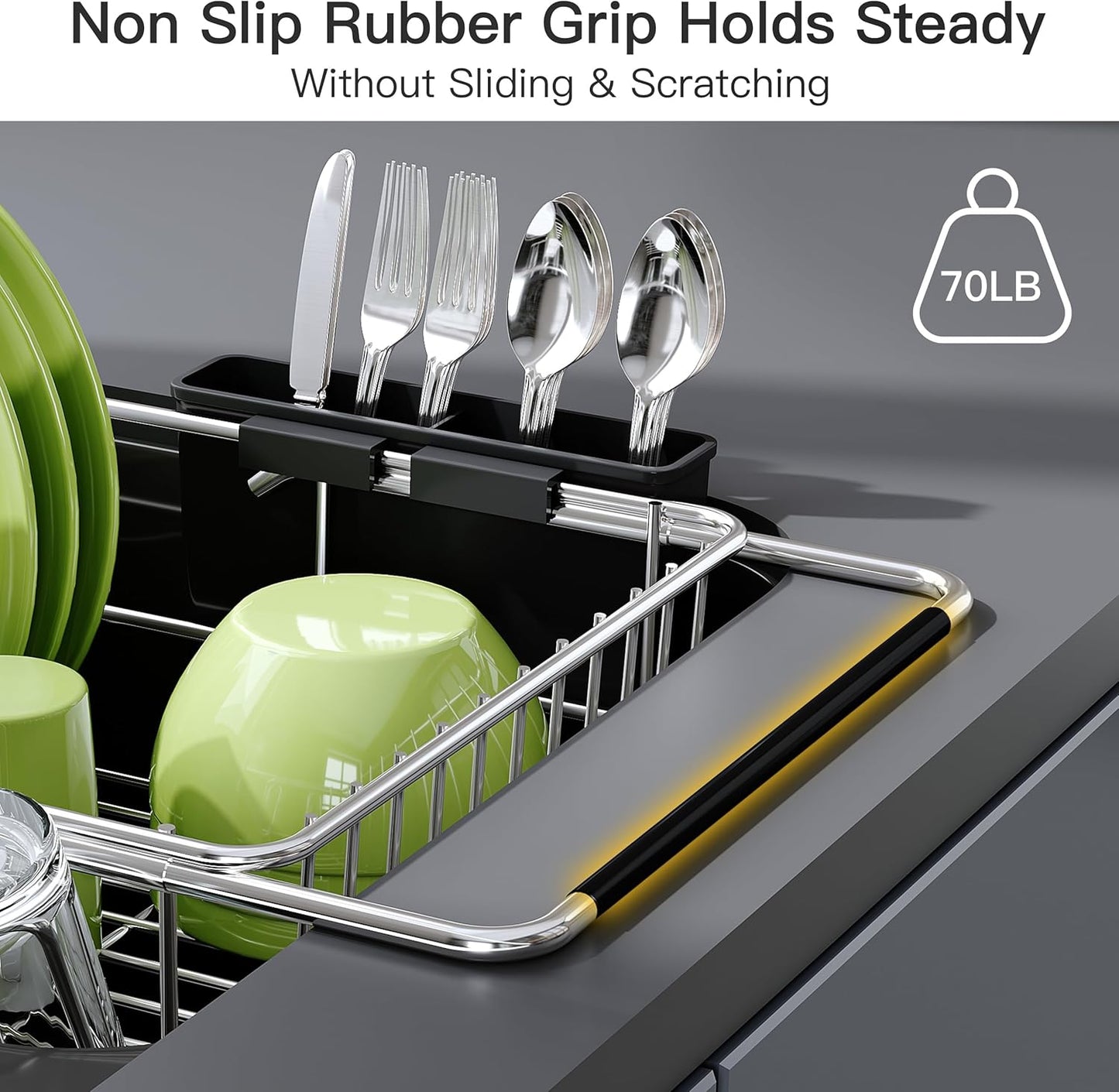 JASIWAY Dish Drying Rack in Sink, Dish Drainer with Cup and Utensil Holder | Over The Sink Expandable Stainless Steel Strainer Dryer Rack for Small Kitchen, Counter Space Saving, Fast Drain, Rustproof