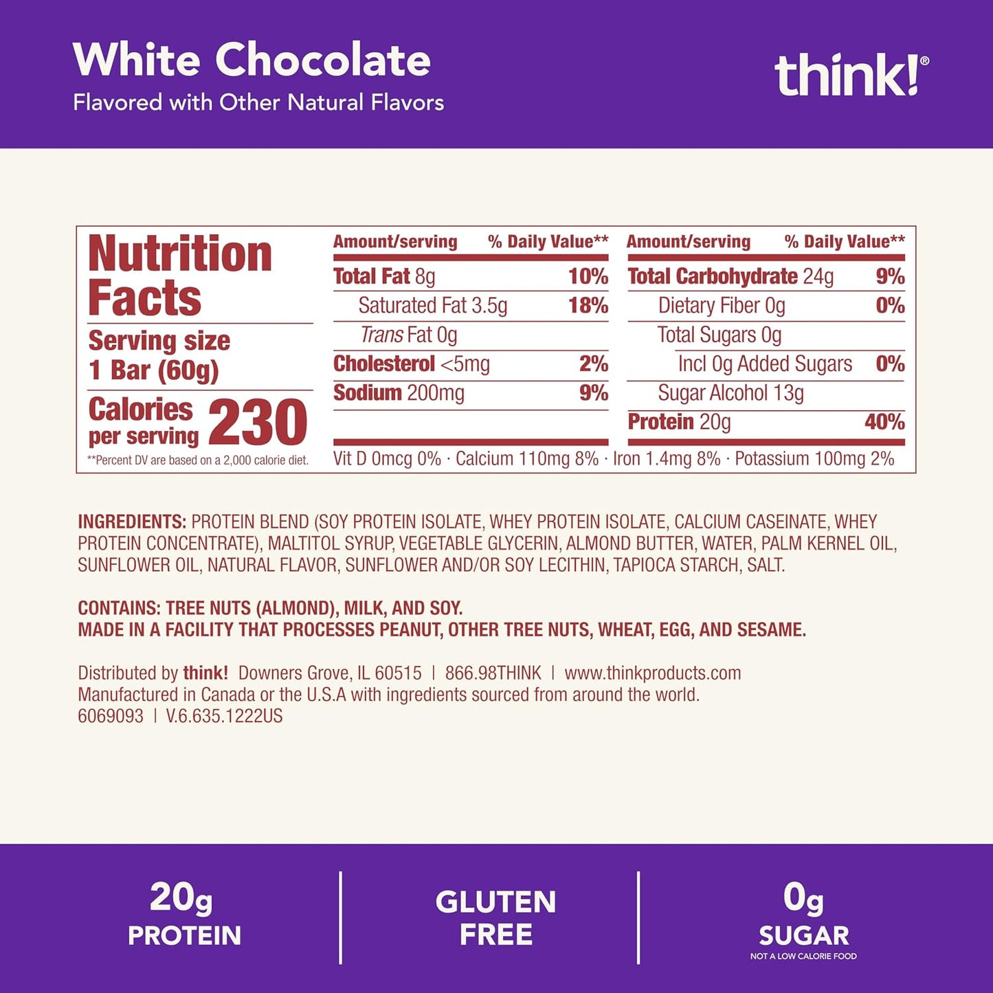 think! Protein Bars, High Protein Snacks, Gluten Free, Kosher Friendly, White Chocolate, Nutrition Bars, 2.1 Oz per Bar, 10 Count (Packaging May Vary)