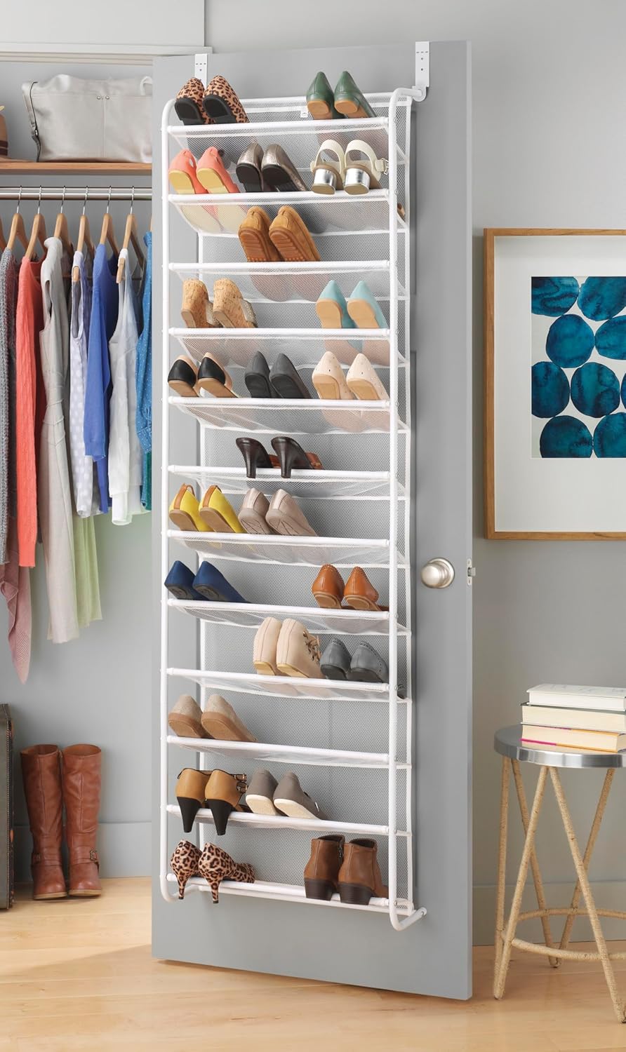 Whitmor 36 Pair Over The Door Shoe Organizer, 12 Tier Hanging Shoe Organizer, Heavy Duty Metal & Mesh Shoe Holder, Hanging Shoe Rack for Closet Organizer & Storage, 69"L x 21.7"W x 7.5"H, White