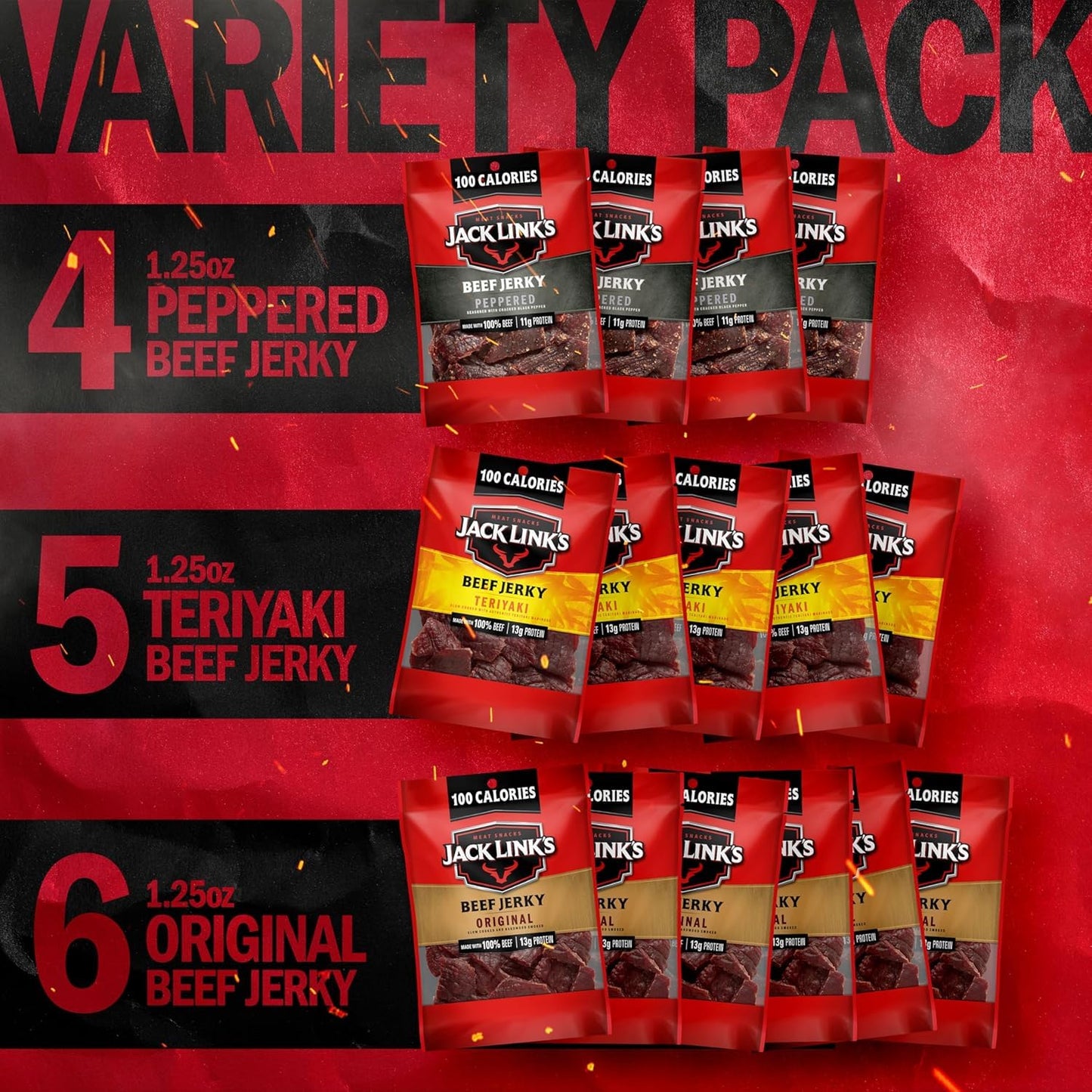Jack Link's Beef Jerky Variety Pack with 100% Real Beef, 15 Packs, 1.25 oz Bags