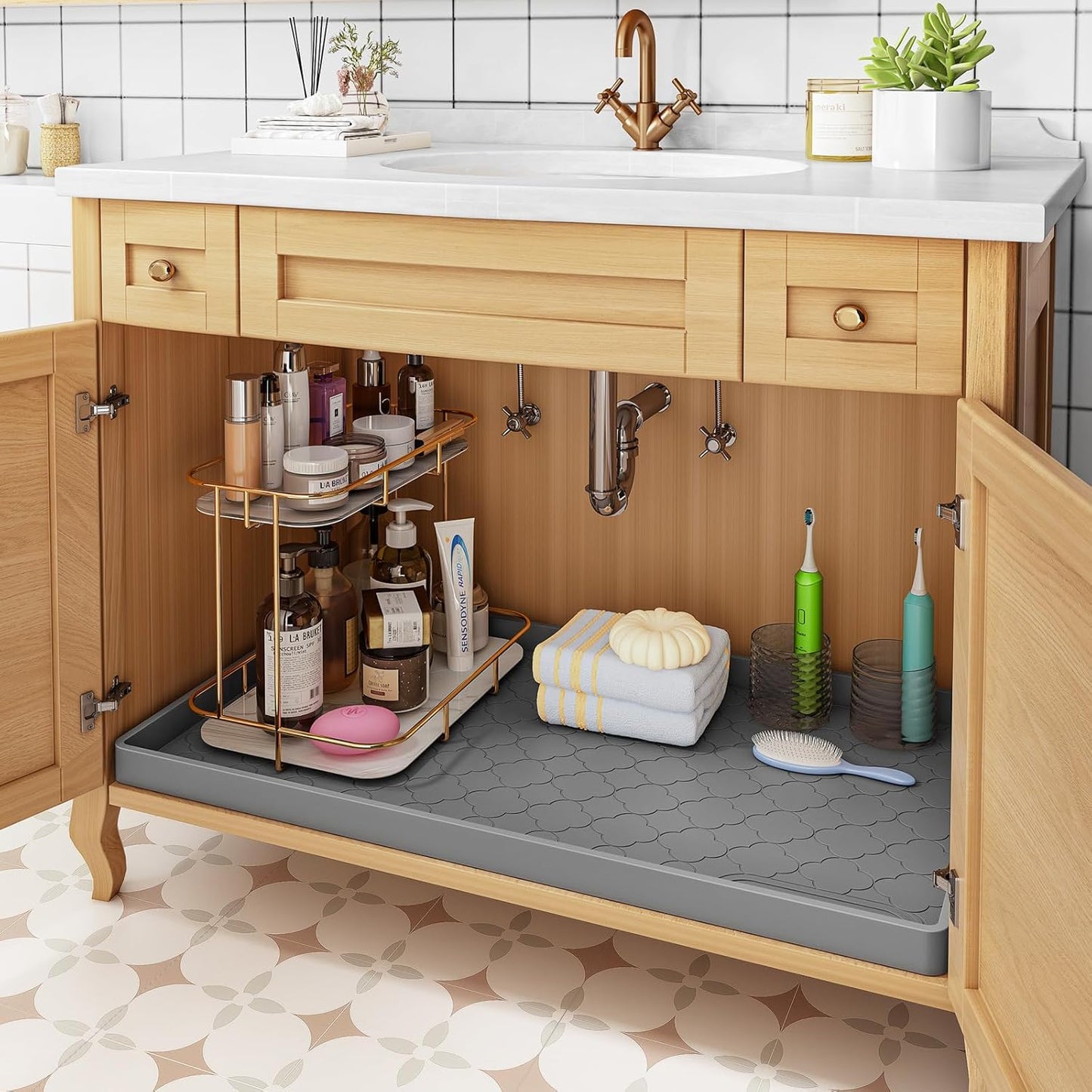 Jin&Bao Under Sink Mat 34" x 22" Waterproof Silicone Cabinet Kitchen Liner | Silicone under kitchen sink mat,cabinet protector,bathroom shelf liner,raised edge,anti-slip,easy to clean & dishwasher safe